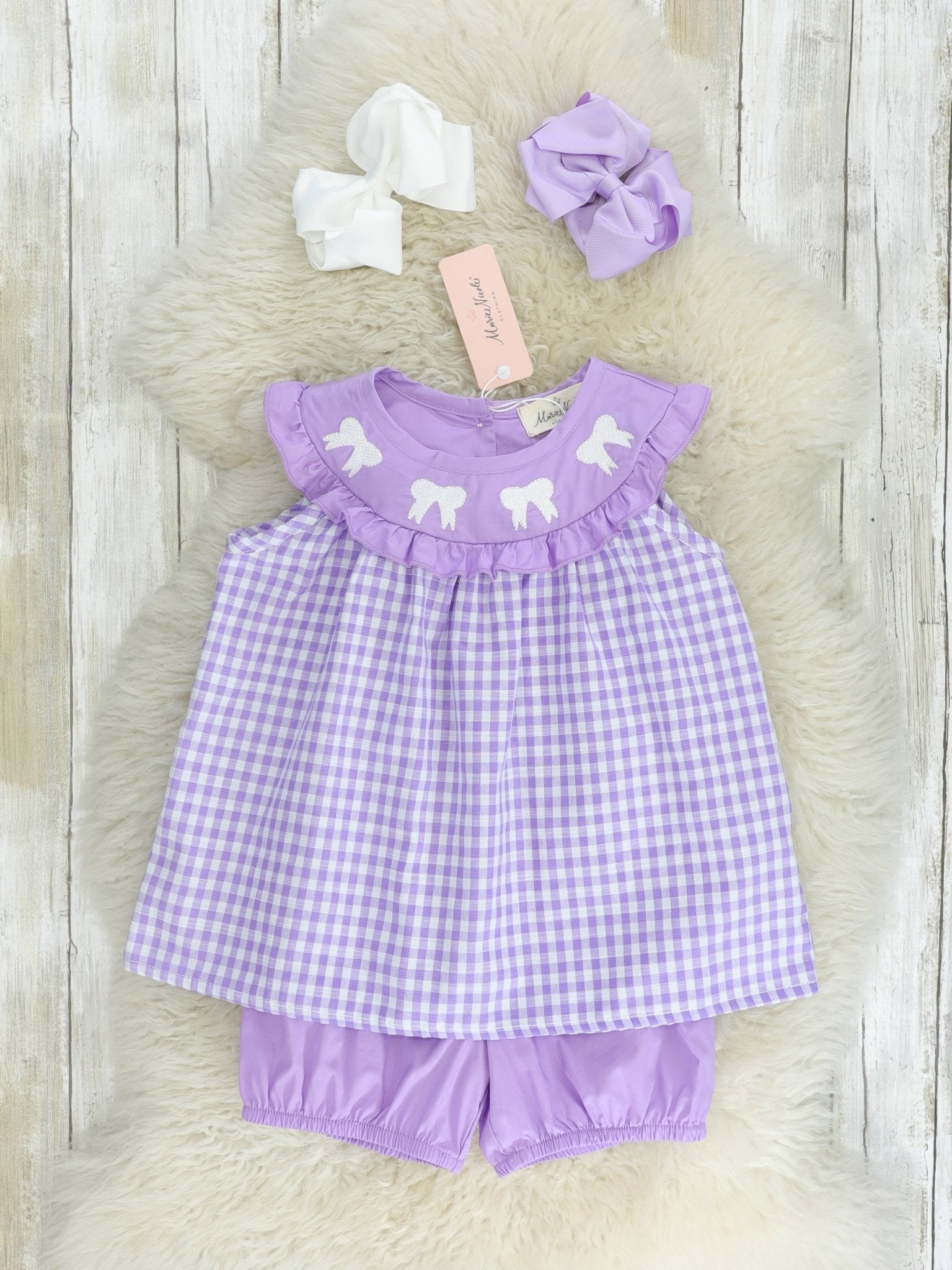 Purple Gingham Bow Ruffle Outfit - Marie Nicole Clothing
