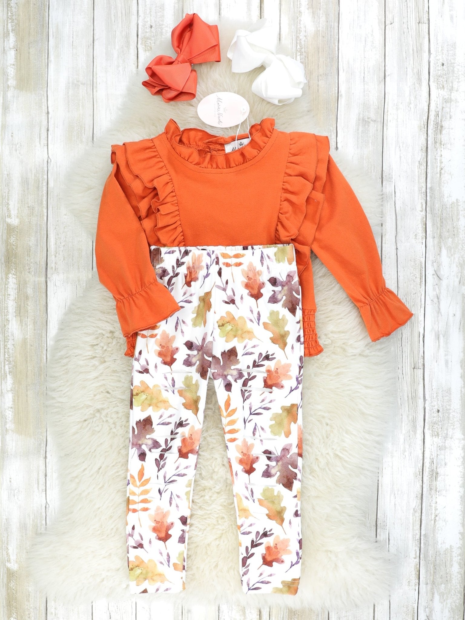 Orange Smocked Ruffle Long Sleeve & Fall Leaf Bottoms Outfit - Marie Nicole Clothing