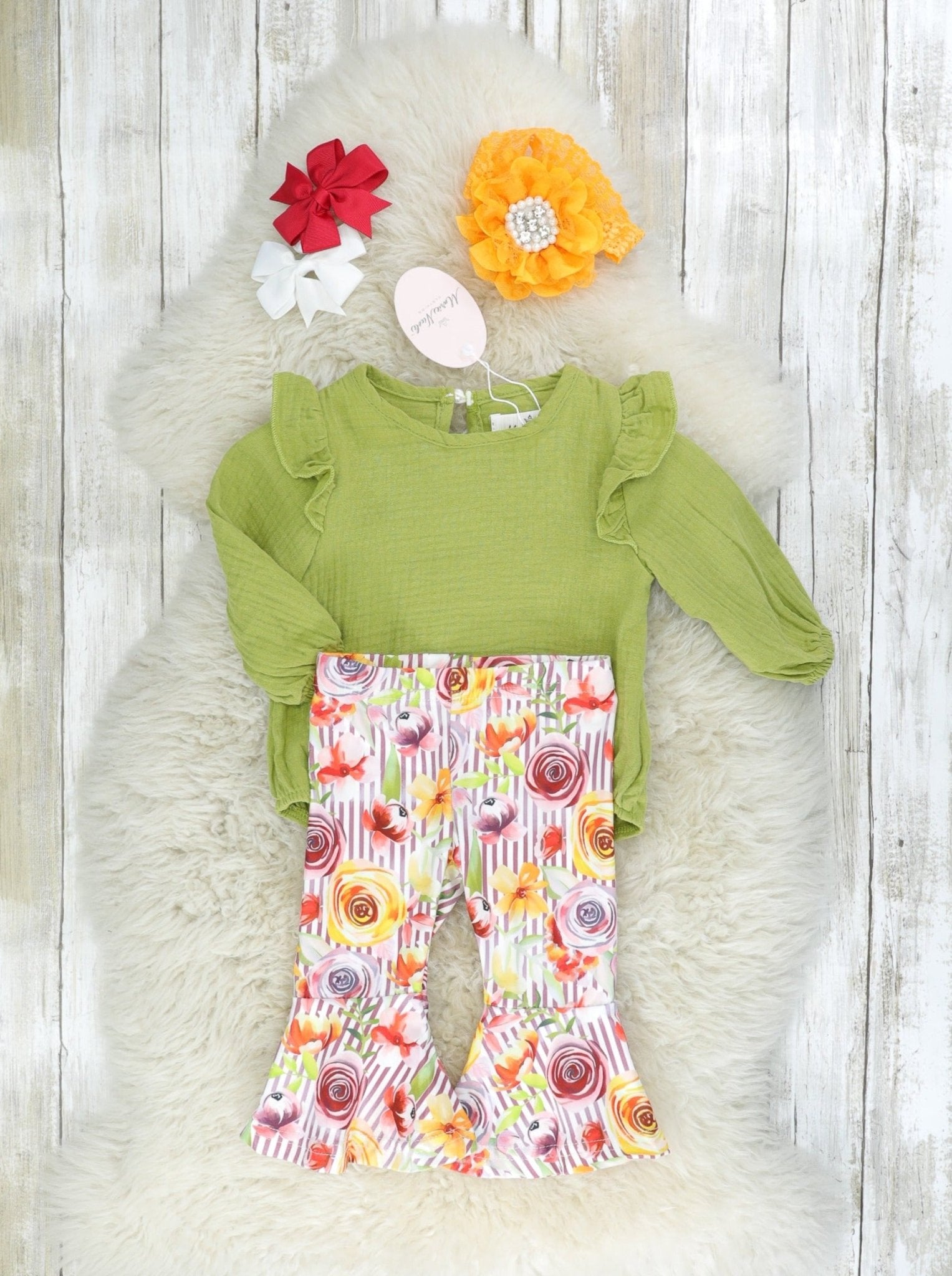 Olive Ruffle Onesie & Bright Rose Bell Bottoms - Marie Nicole Clothing