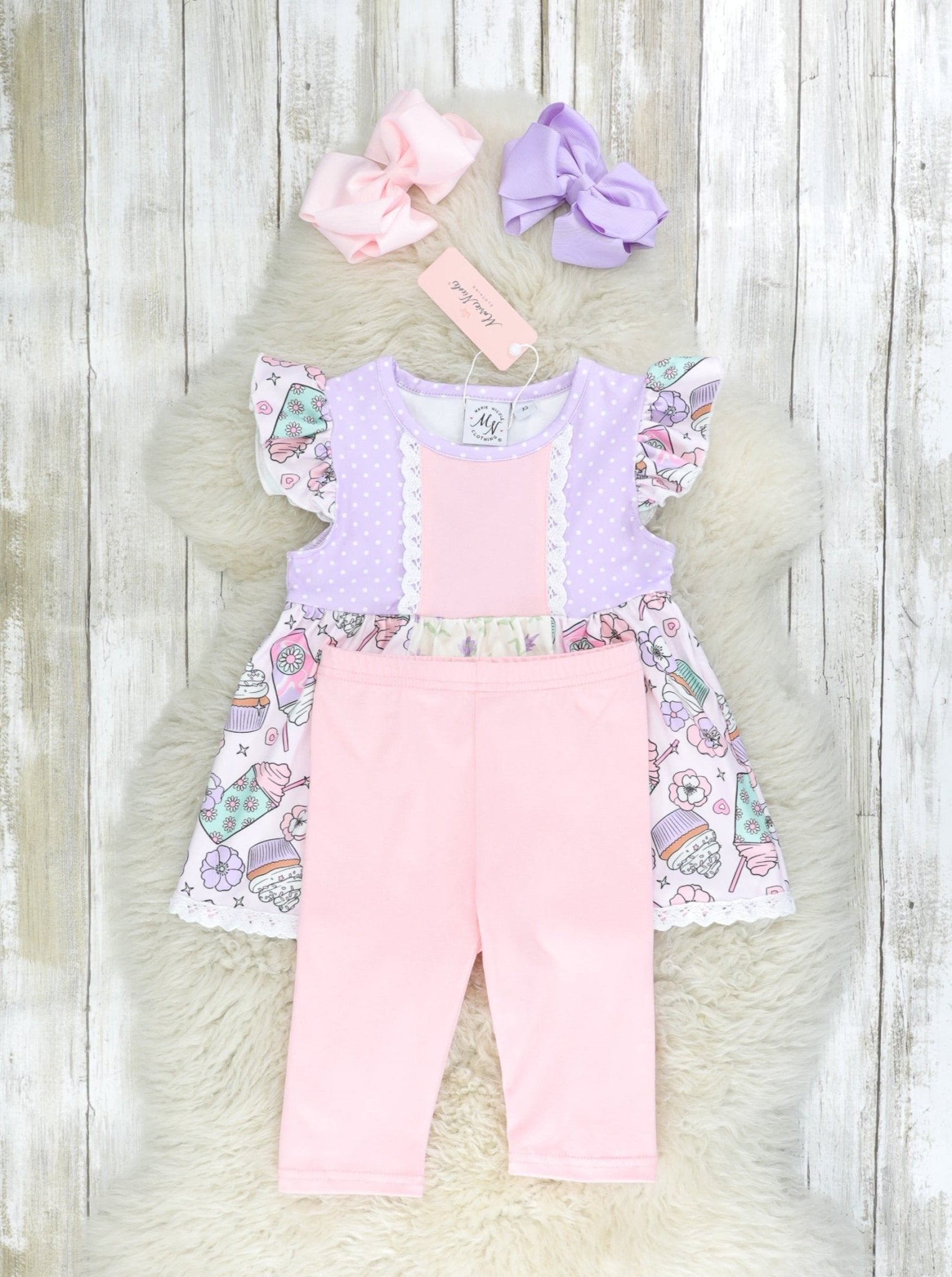 Lavender Floral & Sweet Treats Ruffle Outfit - Marie Nicole Clothing