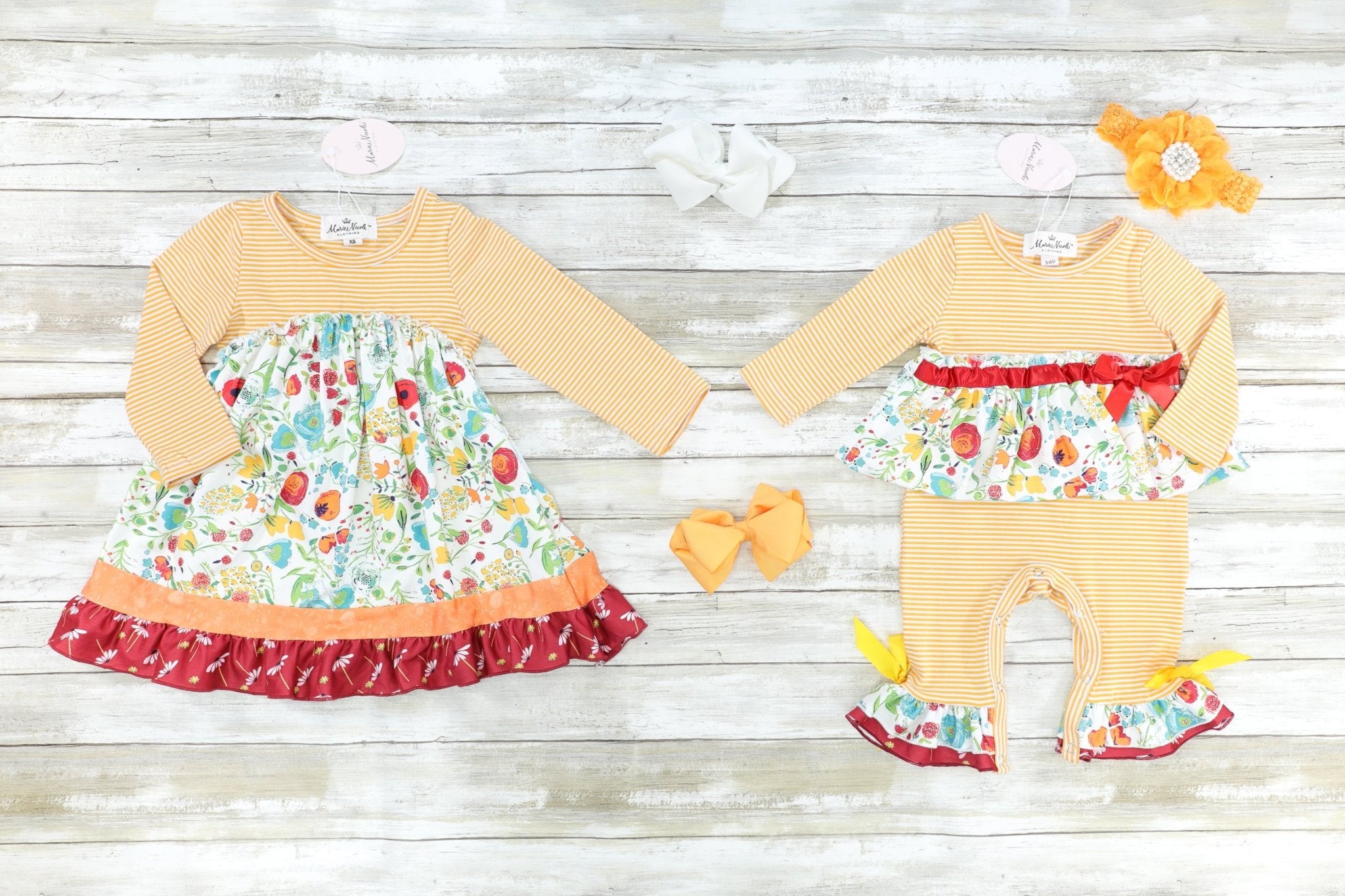 Striped Orange & Red Floral Watercolor Ruffle Dress - Marie Nicole Clothing