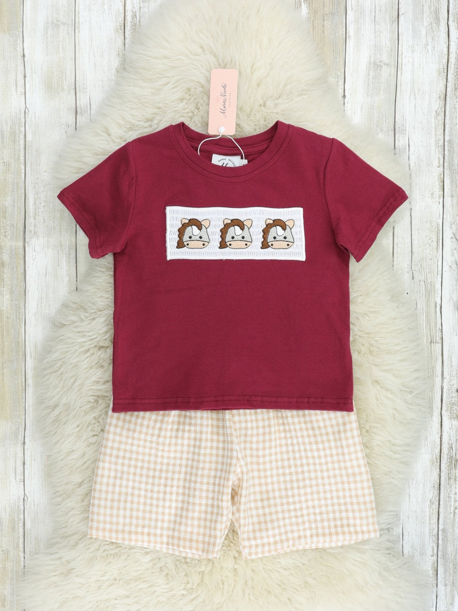 Maroon Smocked Horse Outfit - Marie Nicole Clothing
