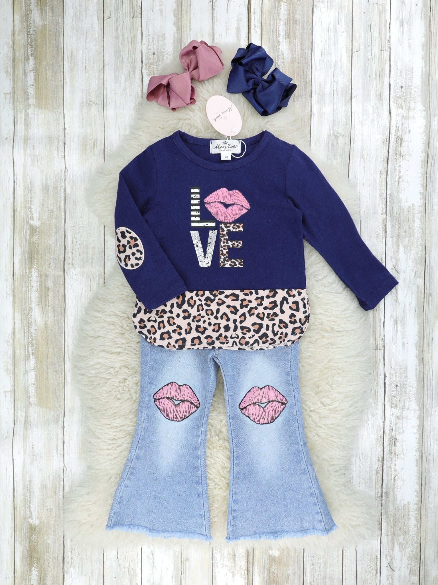 Navy "LOVE" Leopard Denim Outfit - Marie Nicole Clothing