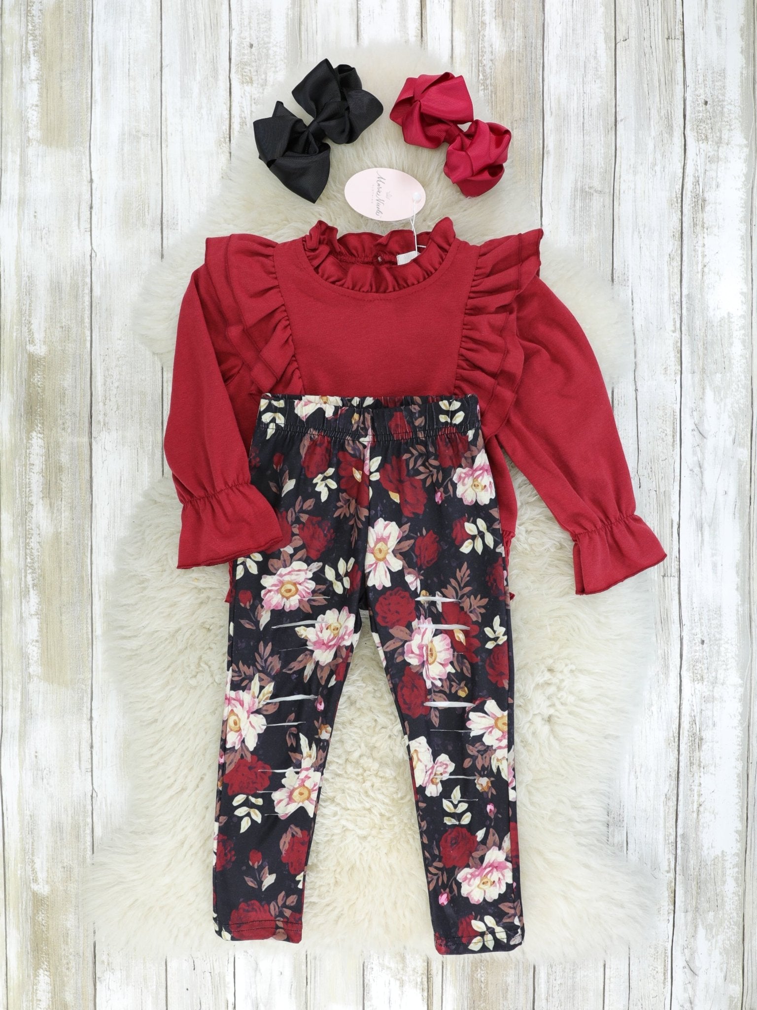 Maroon Smocked Ruffle Long Sleeve & Floral Bottoms Outfit - Marie Nicole Clothing