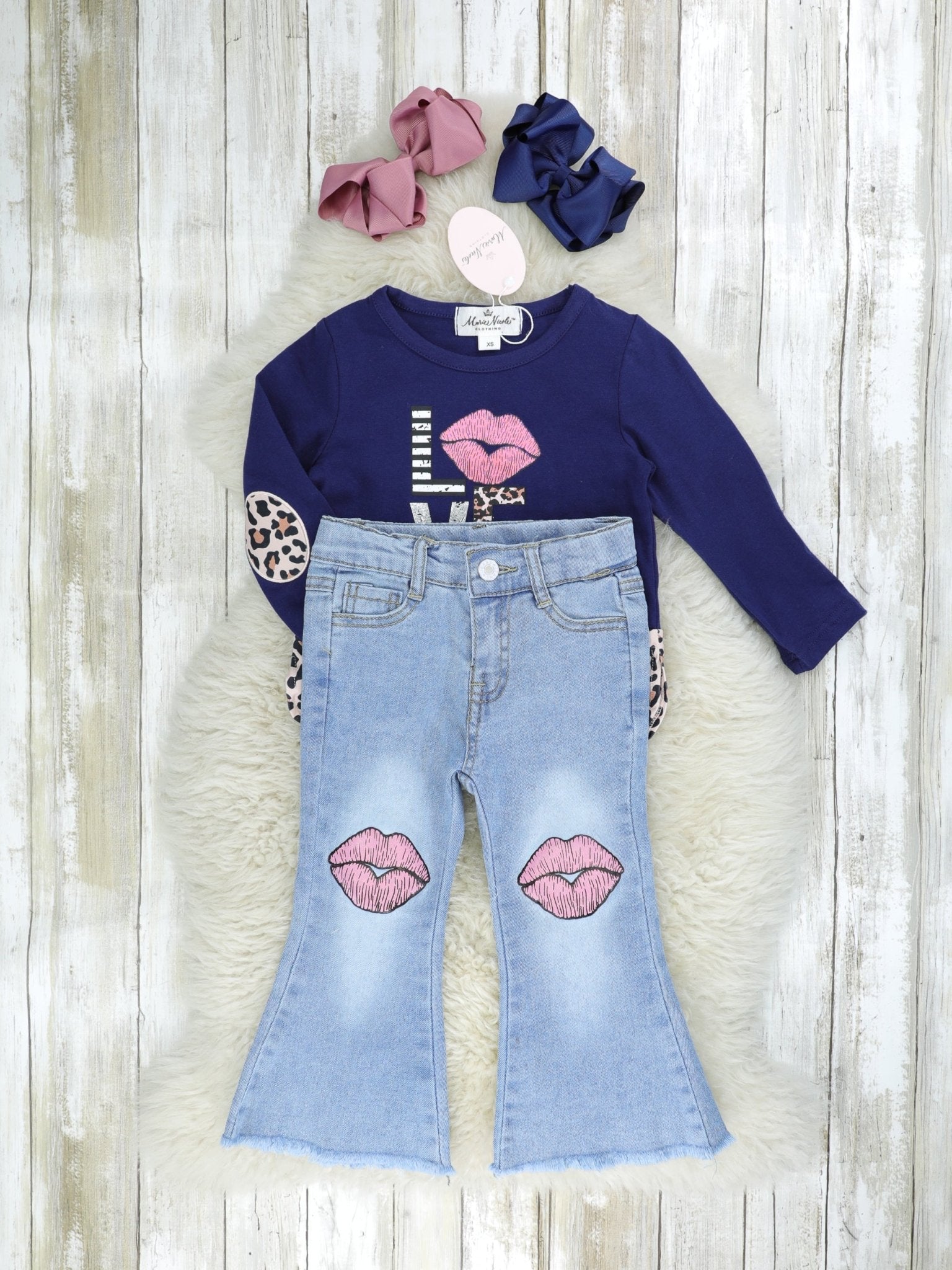 Navy "LOVE" Leopard Denim Outfit - Marie Nicole Clothing