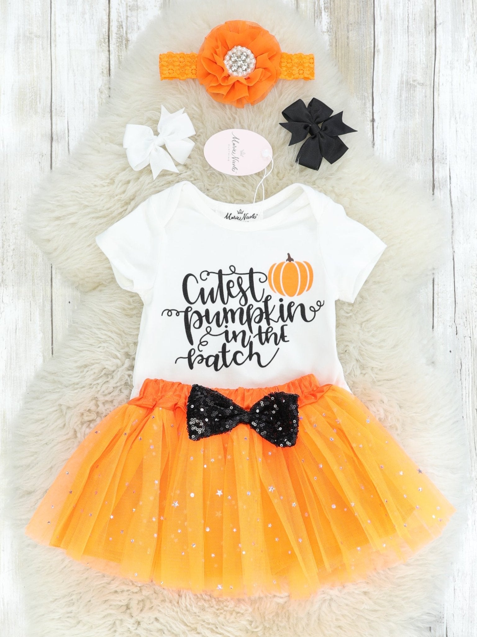 "Cutest Pumpkin In The Patch" Romper & Orange Tulle Skirt Outfit - Marie Nicole Clothing