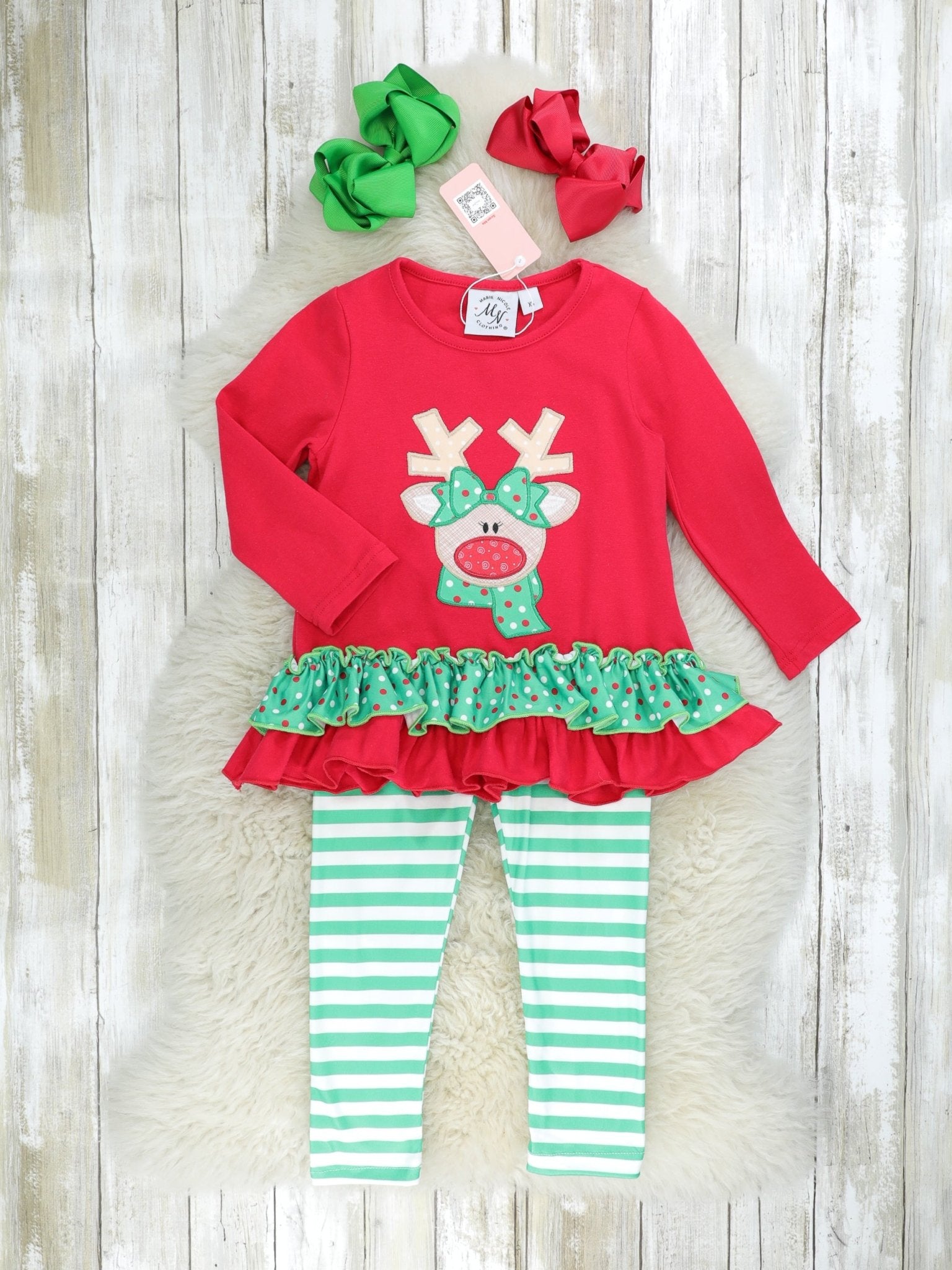 Red & Green Reindeer Ruffle Outfit - Marie Nicole Clothing
