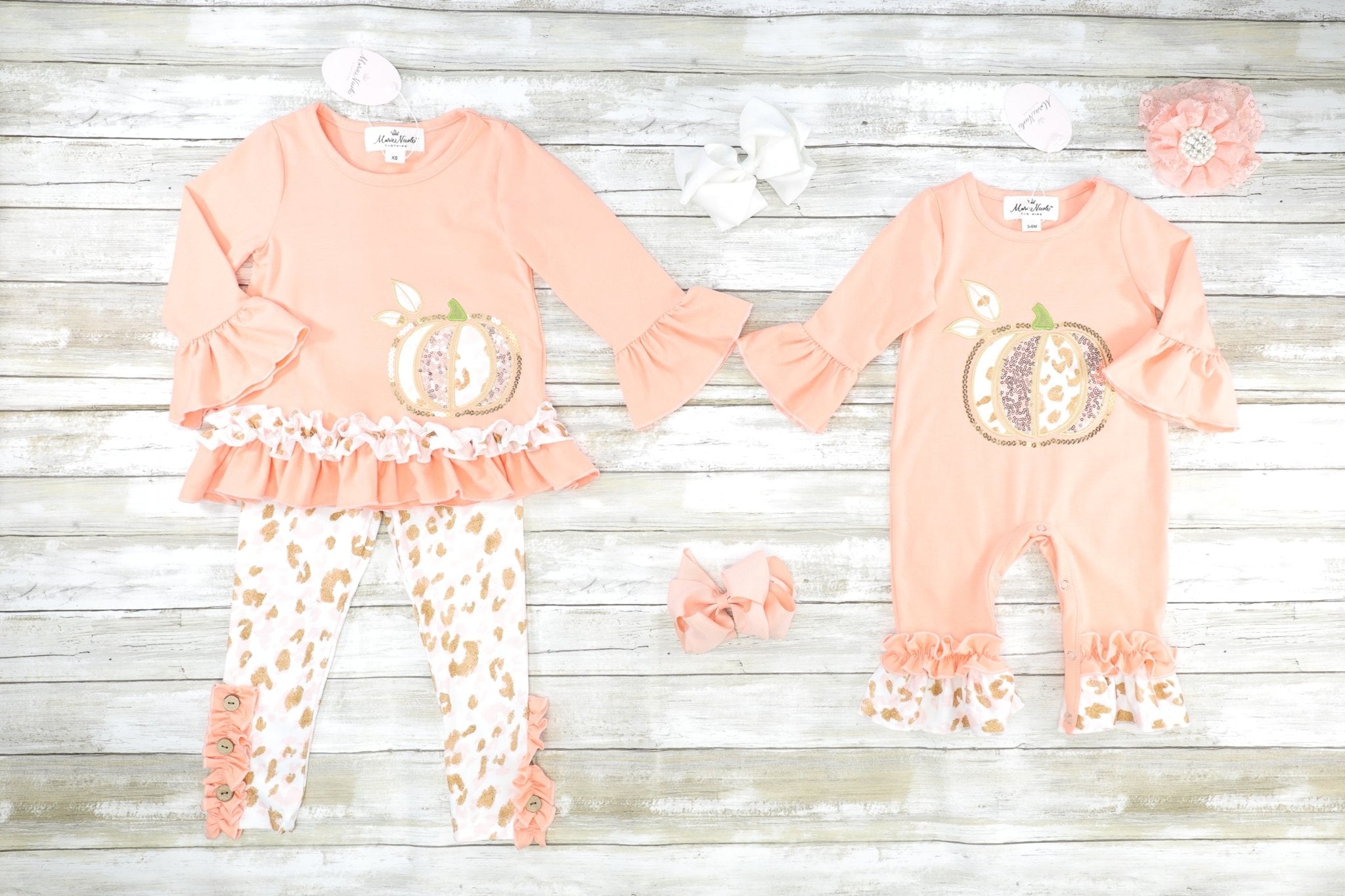 Peach & Gold Sequin Leopard Pumpkin Ruffle Romper - Marie Nicole Clothing