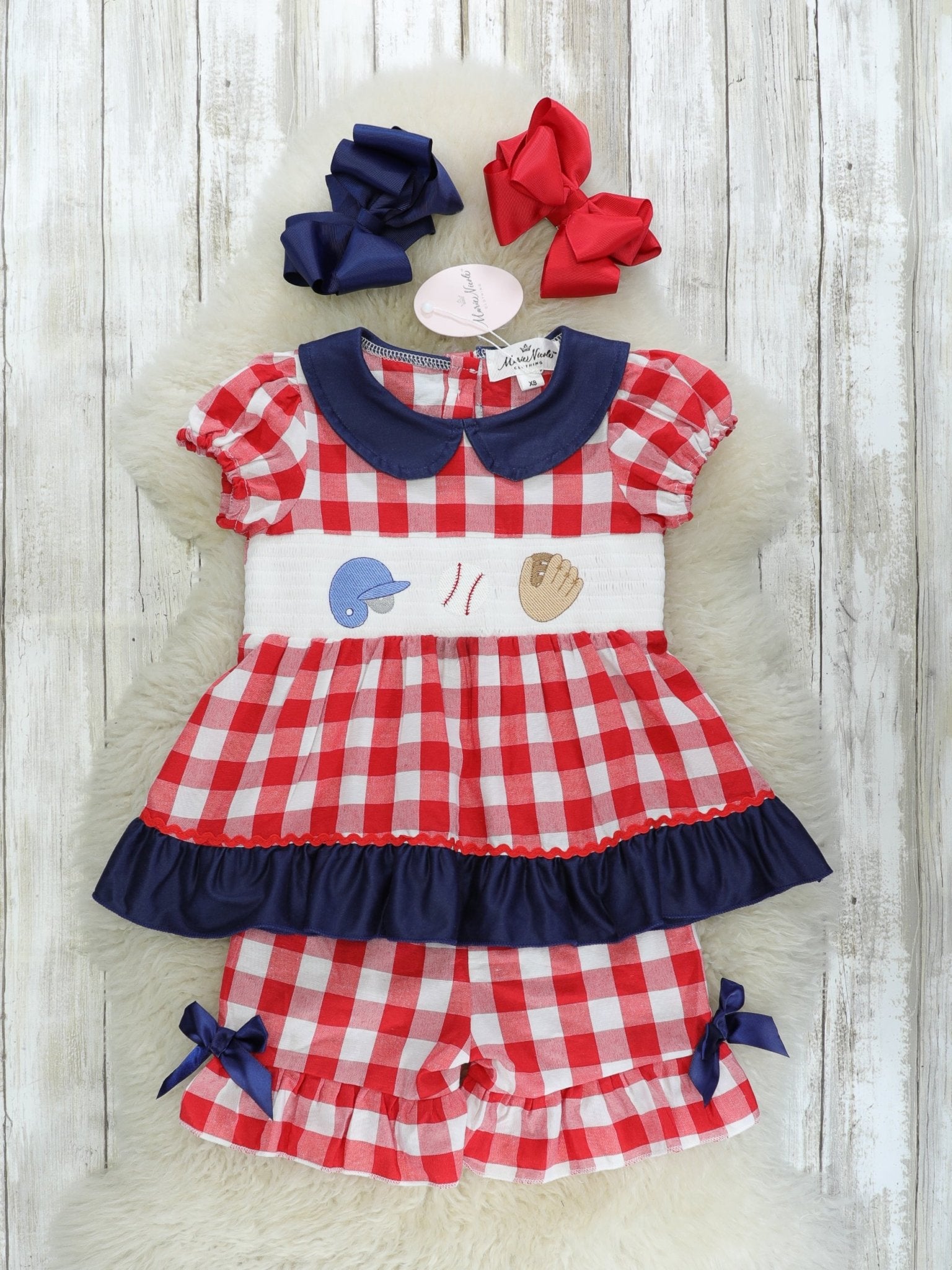 Baseball Gingham Smocked Ruffle Outfit - Marie Nicole Clothing