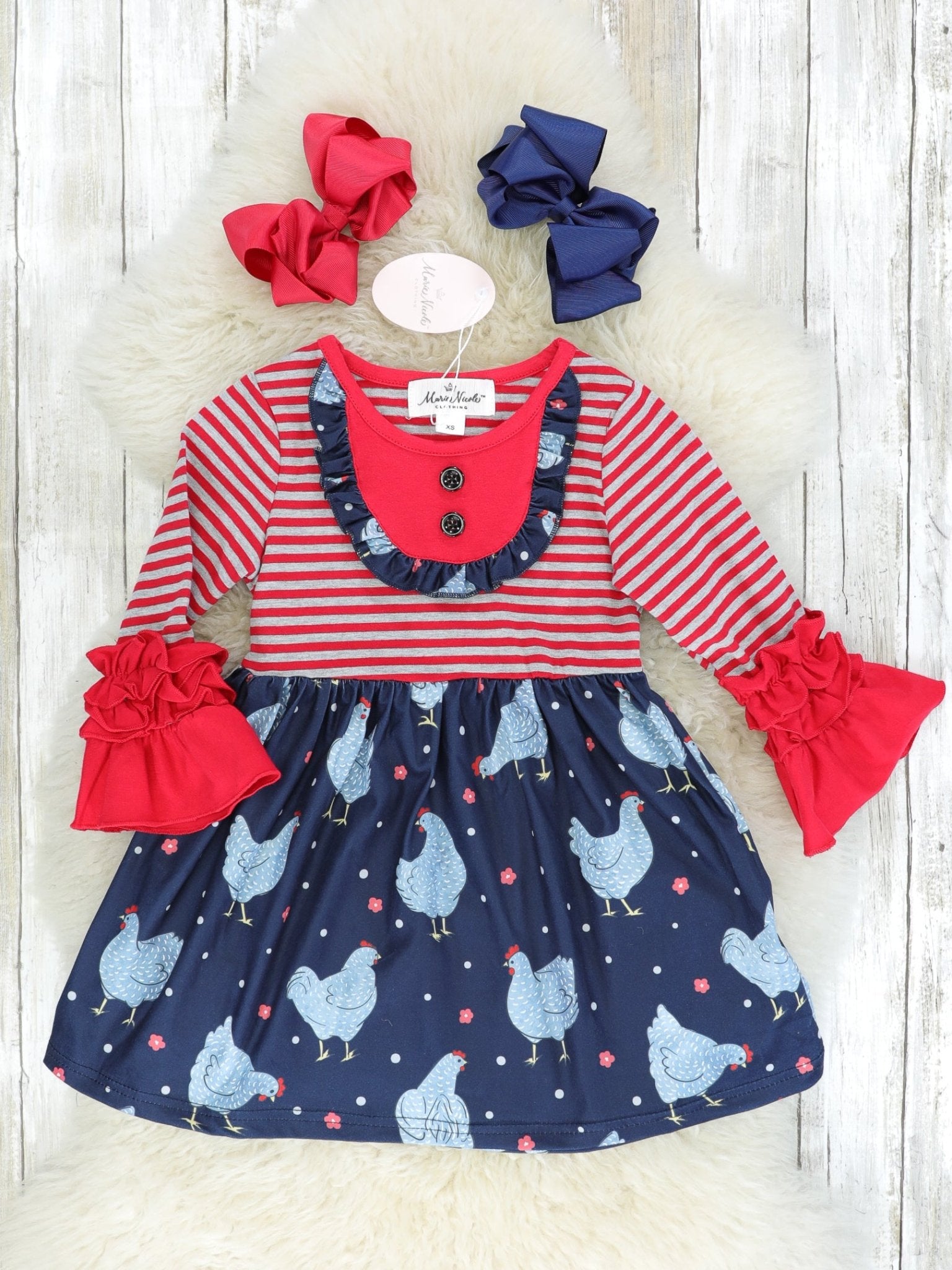 Red Striped Chicken Ruffle Dress - Marie Nicole Clothing