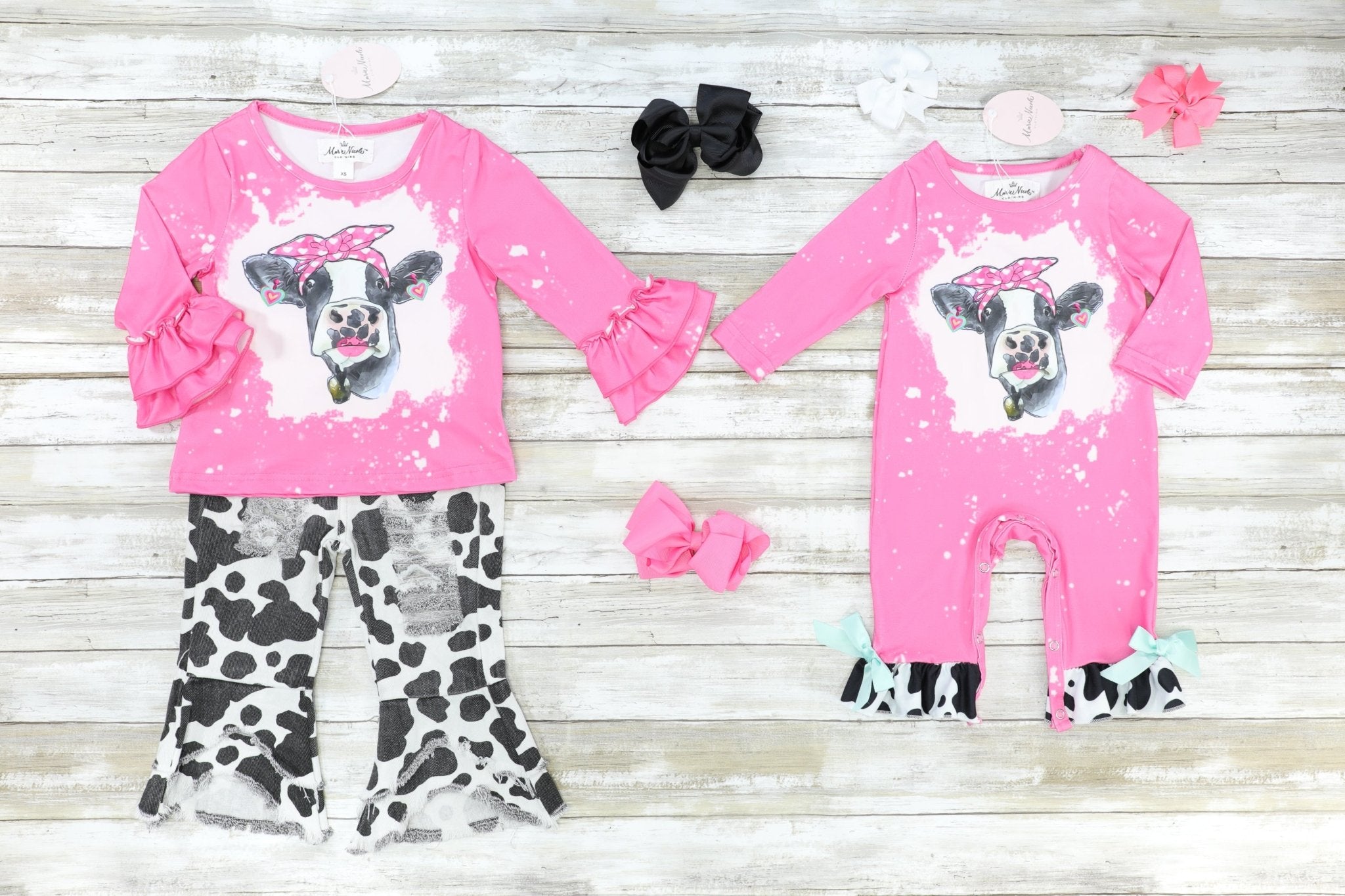 Pink Bleached Cow Top & Distressed Pants Outfit - Marie Nicole Clothing