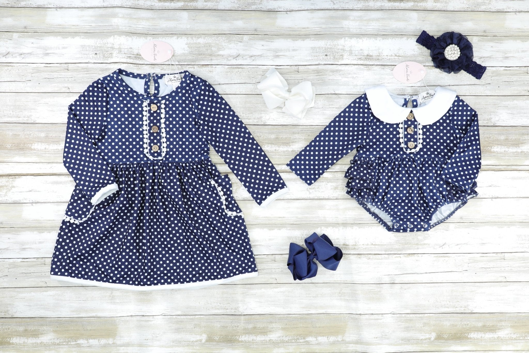 Navy Polka Dot Pom Pom Pocket Dress - Marie Nicole Clothing