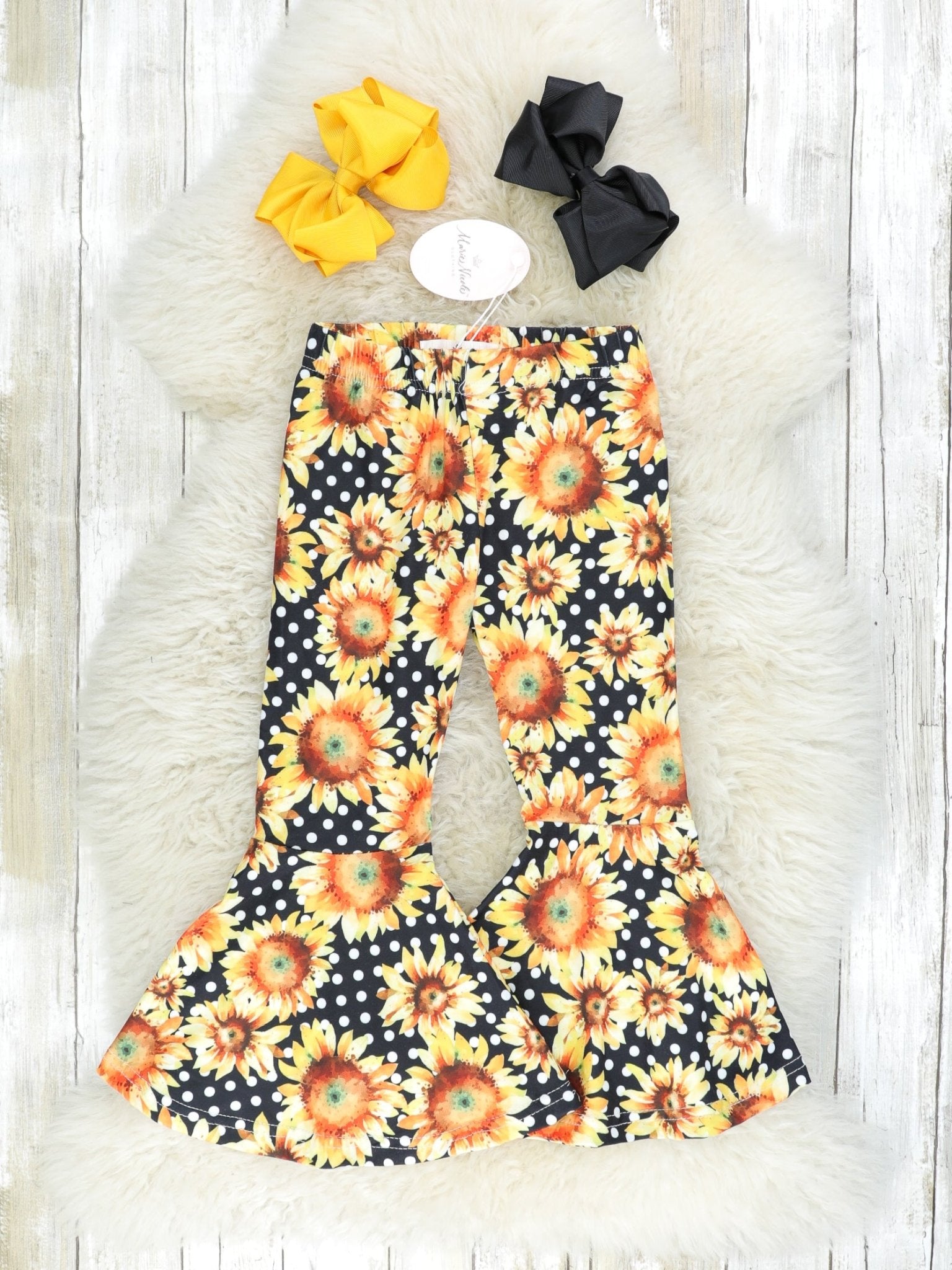 Mom & Me Black Polka Dot & Yellow Floral Bell Bottoms - Marie Nicole Clothing