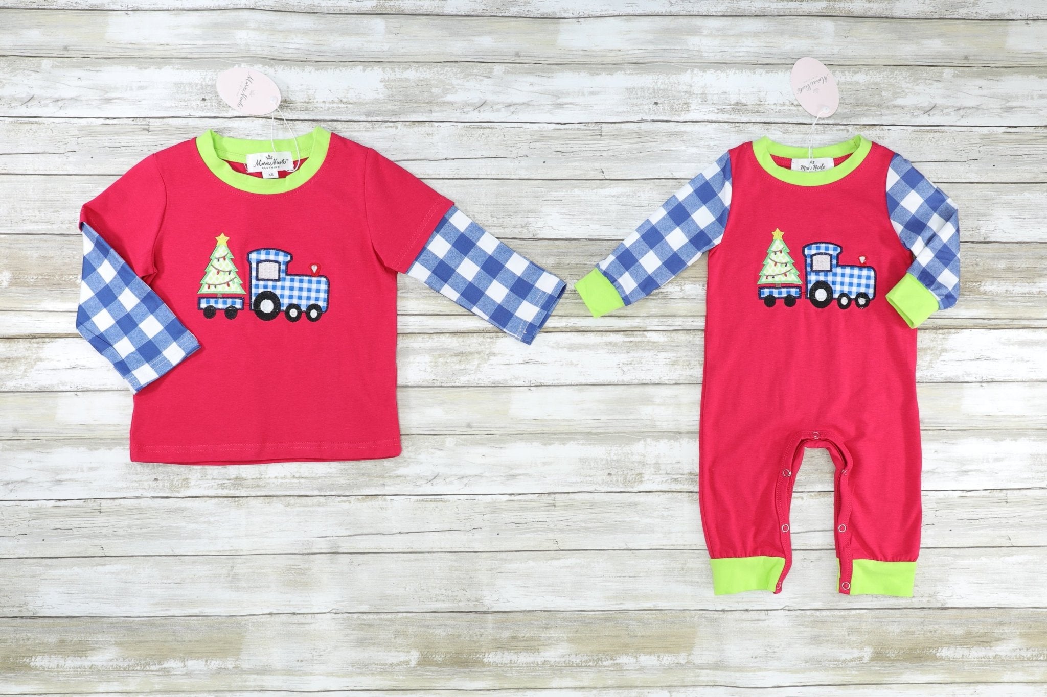Blue Gingham Christmas Tree Truck Layered Shirt - Marie Nicole Clothing