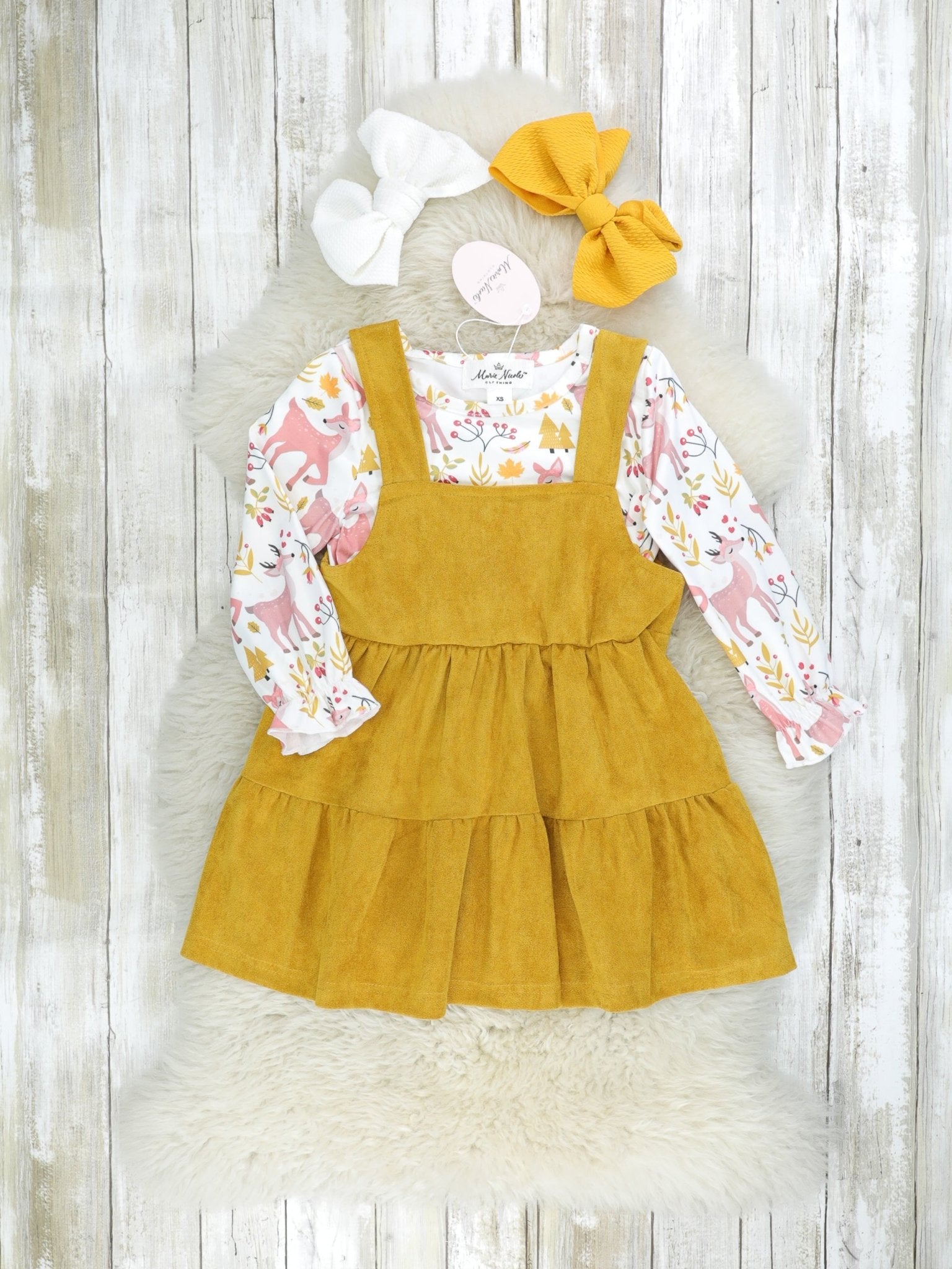 Mustard Suede Dress & Deer Ruffle Top Set - Marie Nicole Clothing
