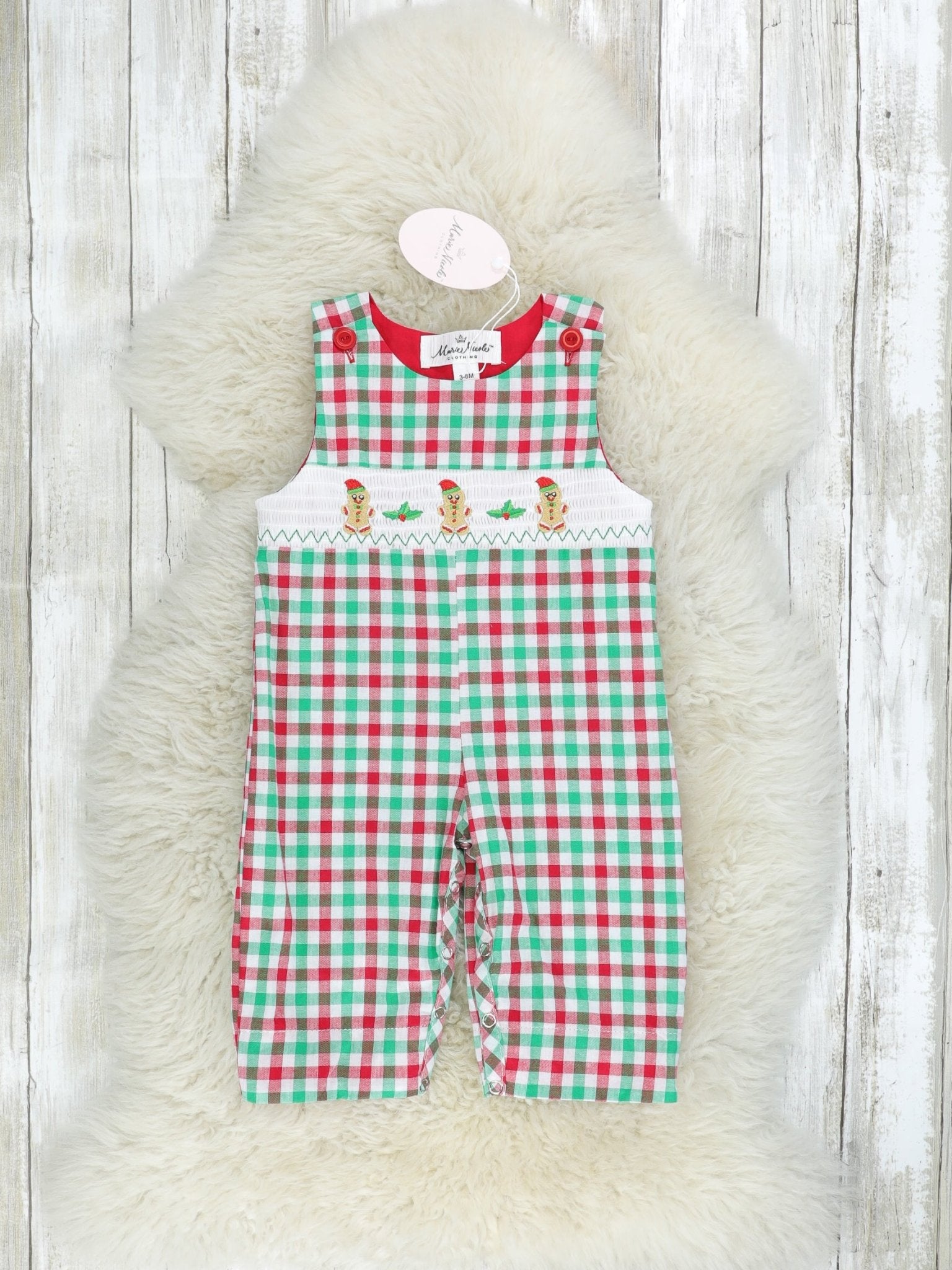 Red & Green Gingerbread Smocked Johnny - Marie Nicole Clothing