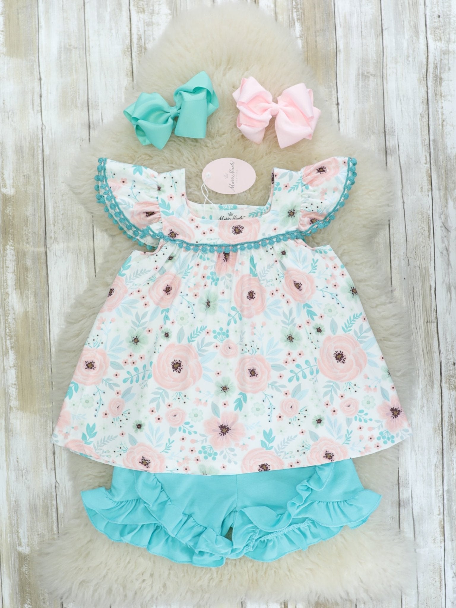 Pink Floral Top & Blue Ruffle Shorts Outfit - Marie Nicole Clothing