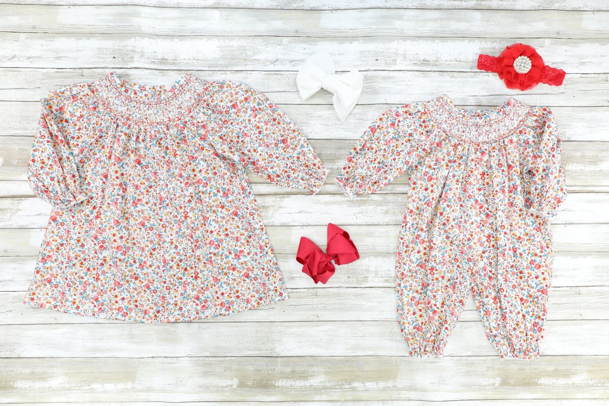 Red Ditsy Floral Smocked Romper - Marie Nicole Clothing