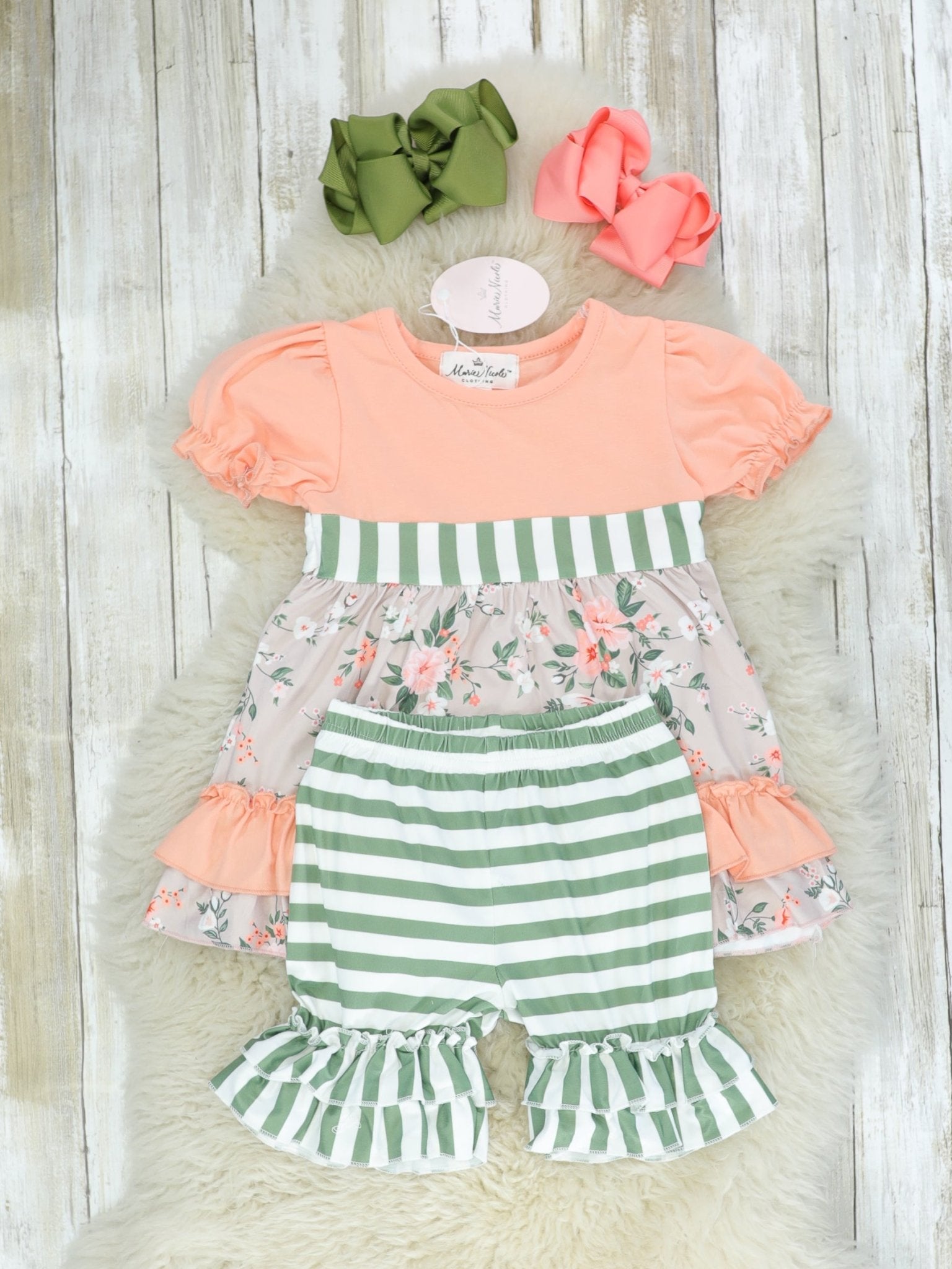 Coral Floral & Green Striped Ruffle Outfit - Marie Nicole Clothing