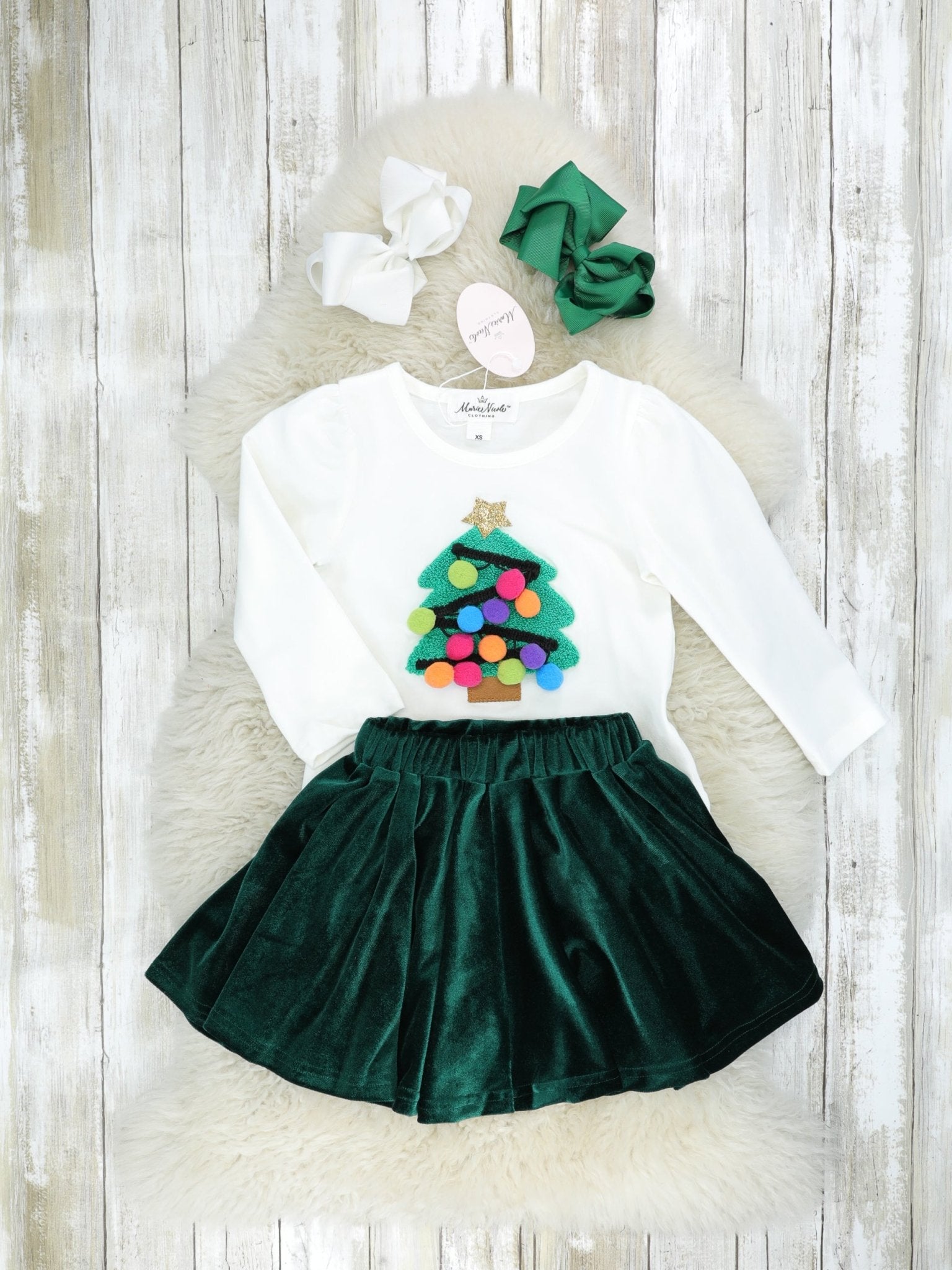 Pom Pom Christmas Tree Velvet Outfit - Marie Nicole Clothing