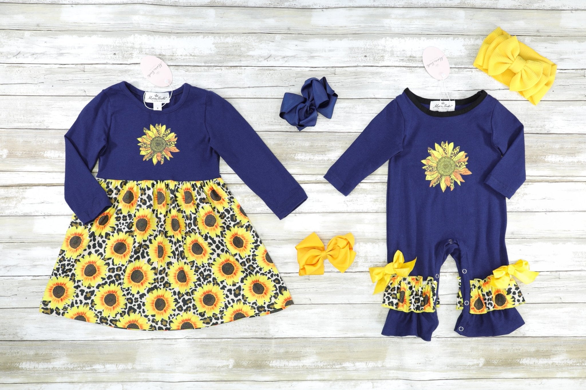 Navy & Leopard Sunflower Ruffle Romper - Marie Nicole Clothing