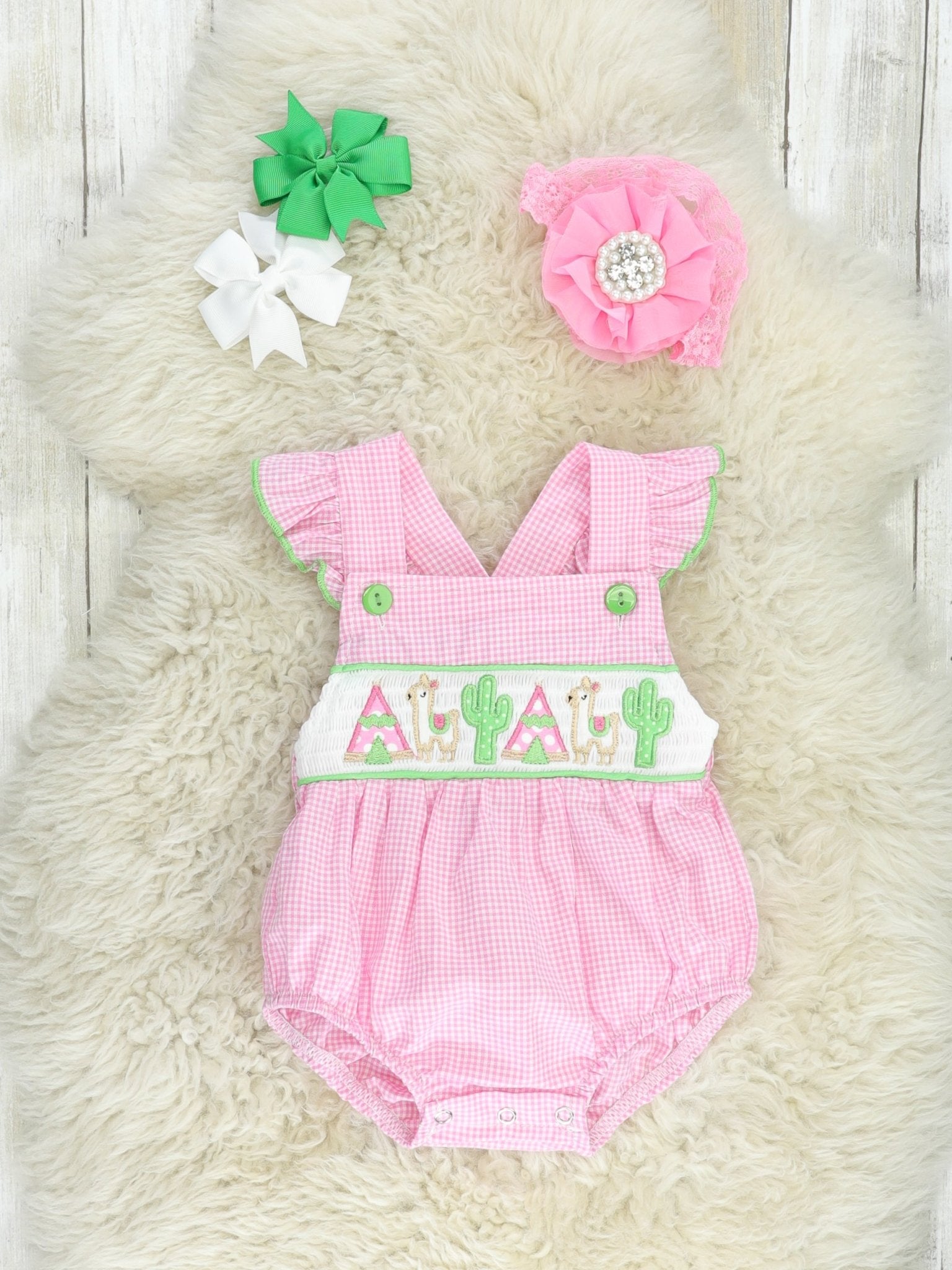 Pink Gingham Smocked Llama Bubble Romper - Marie Nicole Clothing