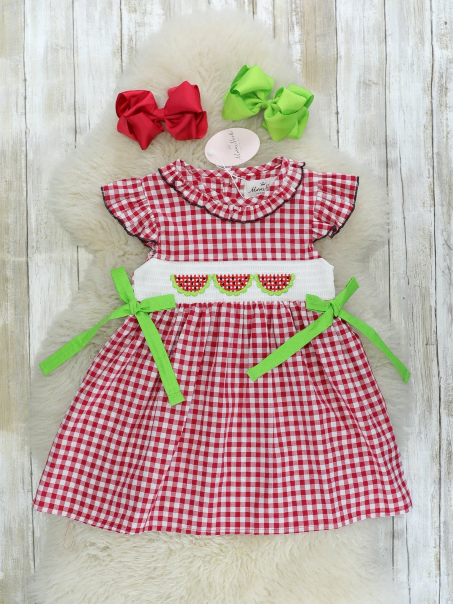 Smocked Watermelon Red Checked Dress - Marie Nicole Clothing