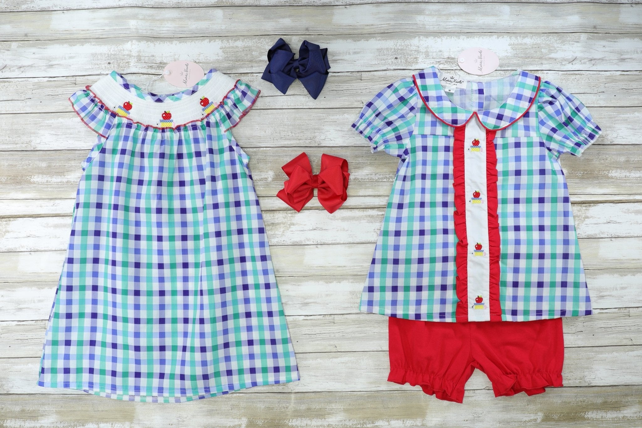 Plaid Smocked Apple Dress - Marie Nicole Clothing