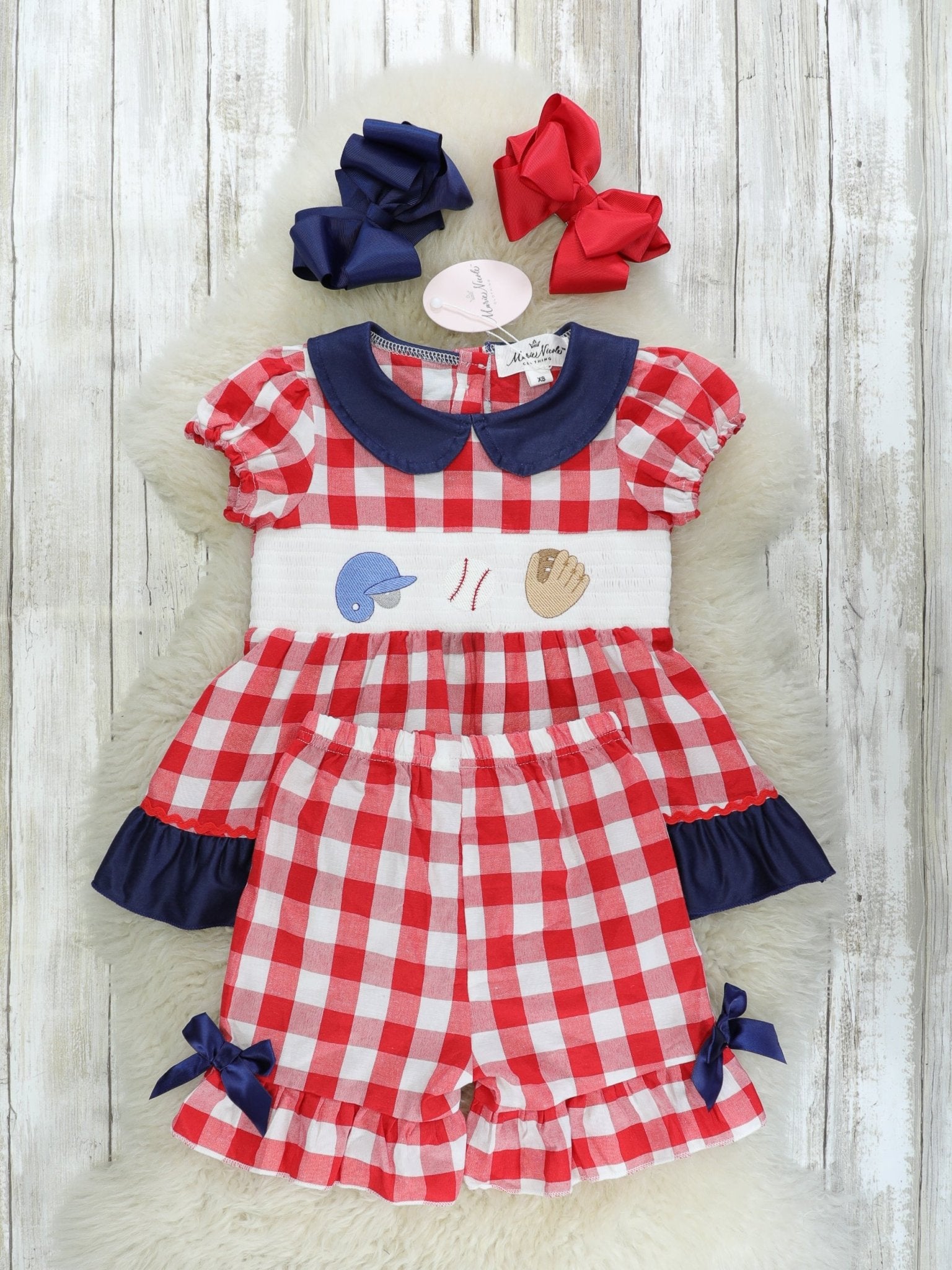 Baseball Gingham Smocked Ruffle Outfit - Marie Nicole Clothing