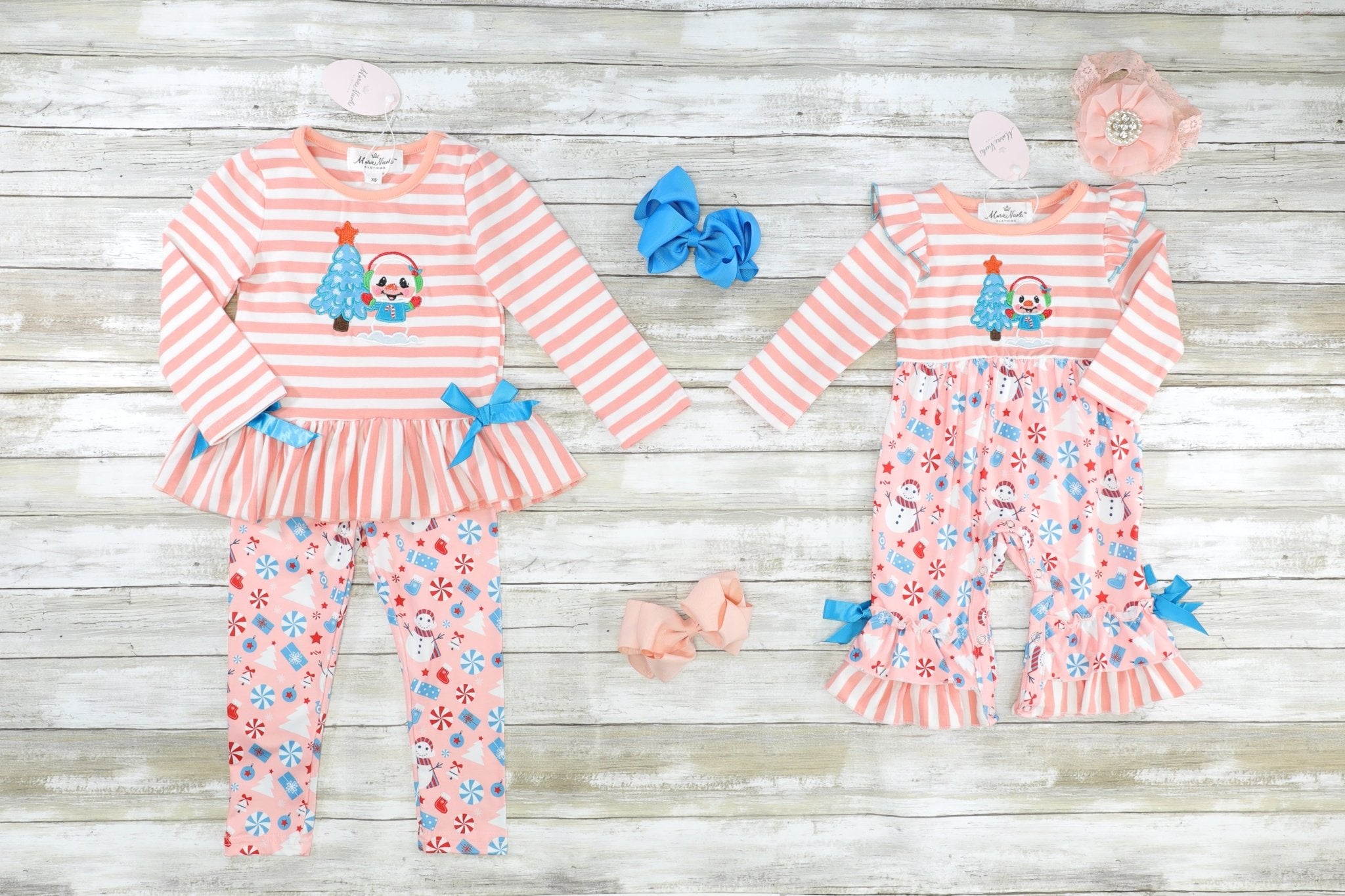 Peach Christmas Ruffle Romper - Marie Nicole Clothing