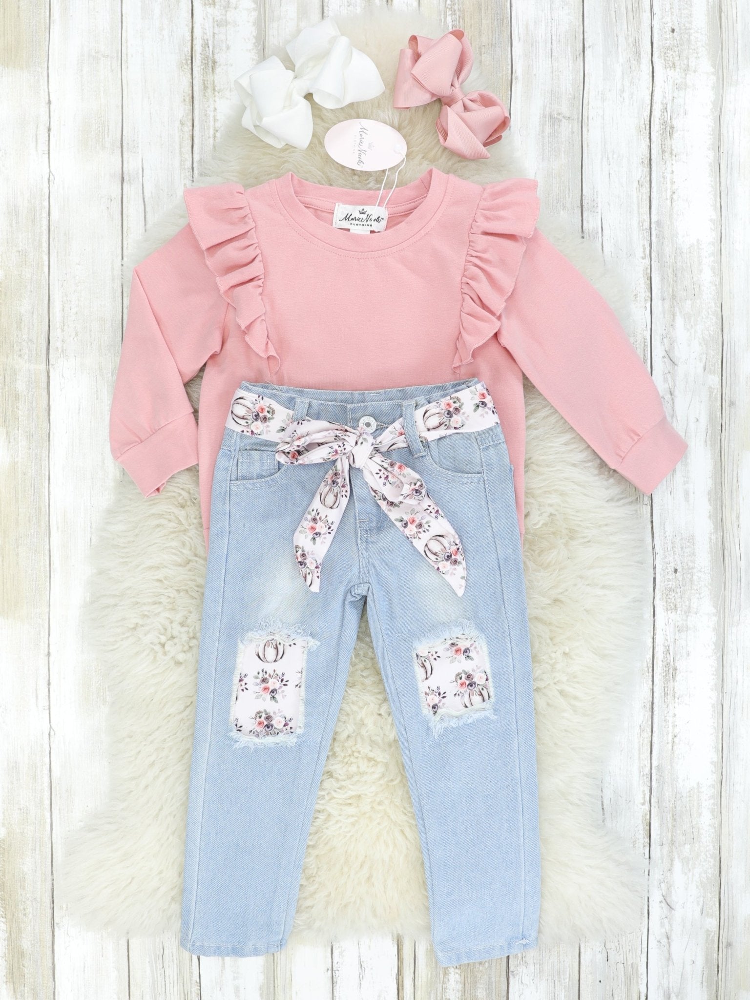 Rose Pink Ruffle Top & Distressed Denim Outfit - Marie Nicole Clothing