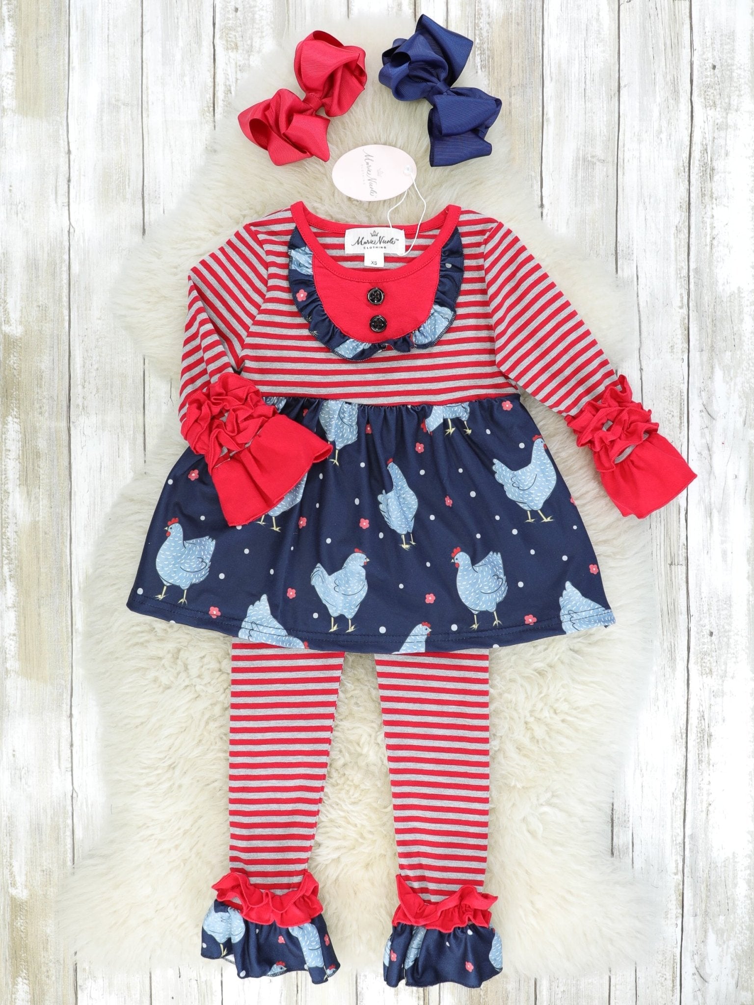 Red Striped Chicken Ruffle Outfit - Marie Nicole Clothing