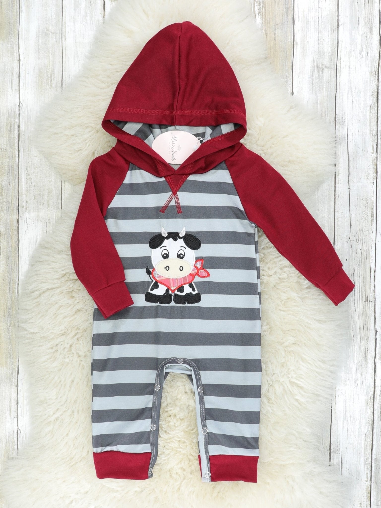 Maroon & Grey Striped Cow Hoodie Romper - Marie Nicole Clothing