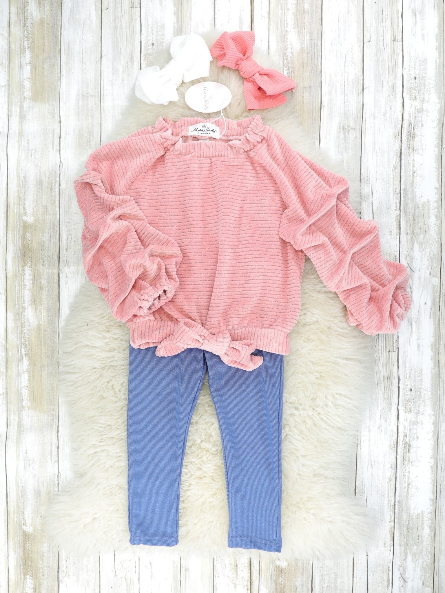 Dusty Rose Velvet Tie Long Sleeve Outfit - Marie Nicole Clothing