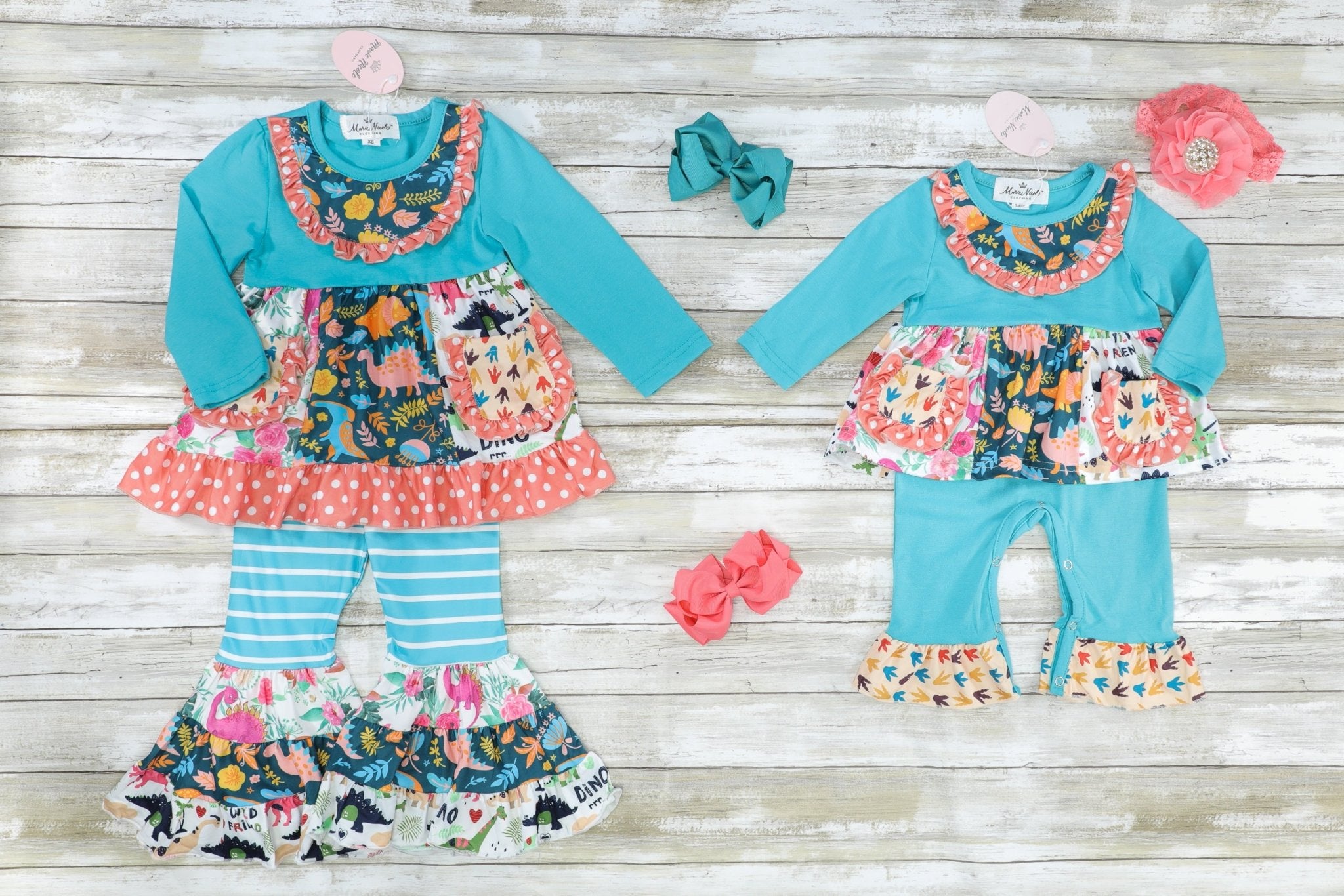 Pocket Flara Bells Romper - Blue Dinosaurs - Marie Nicole Clothing