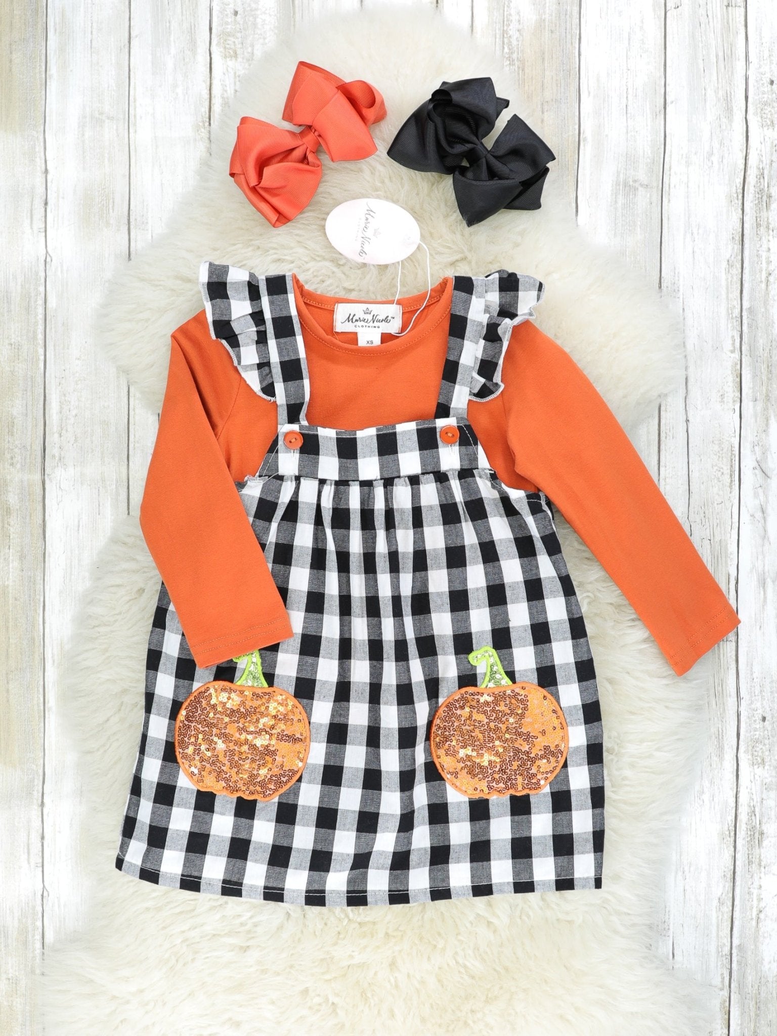 Orange Top & Gingham Sequin Pumpkin Overall Dress Set - Marie Nicole Clothing