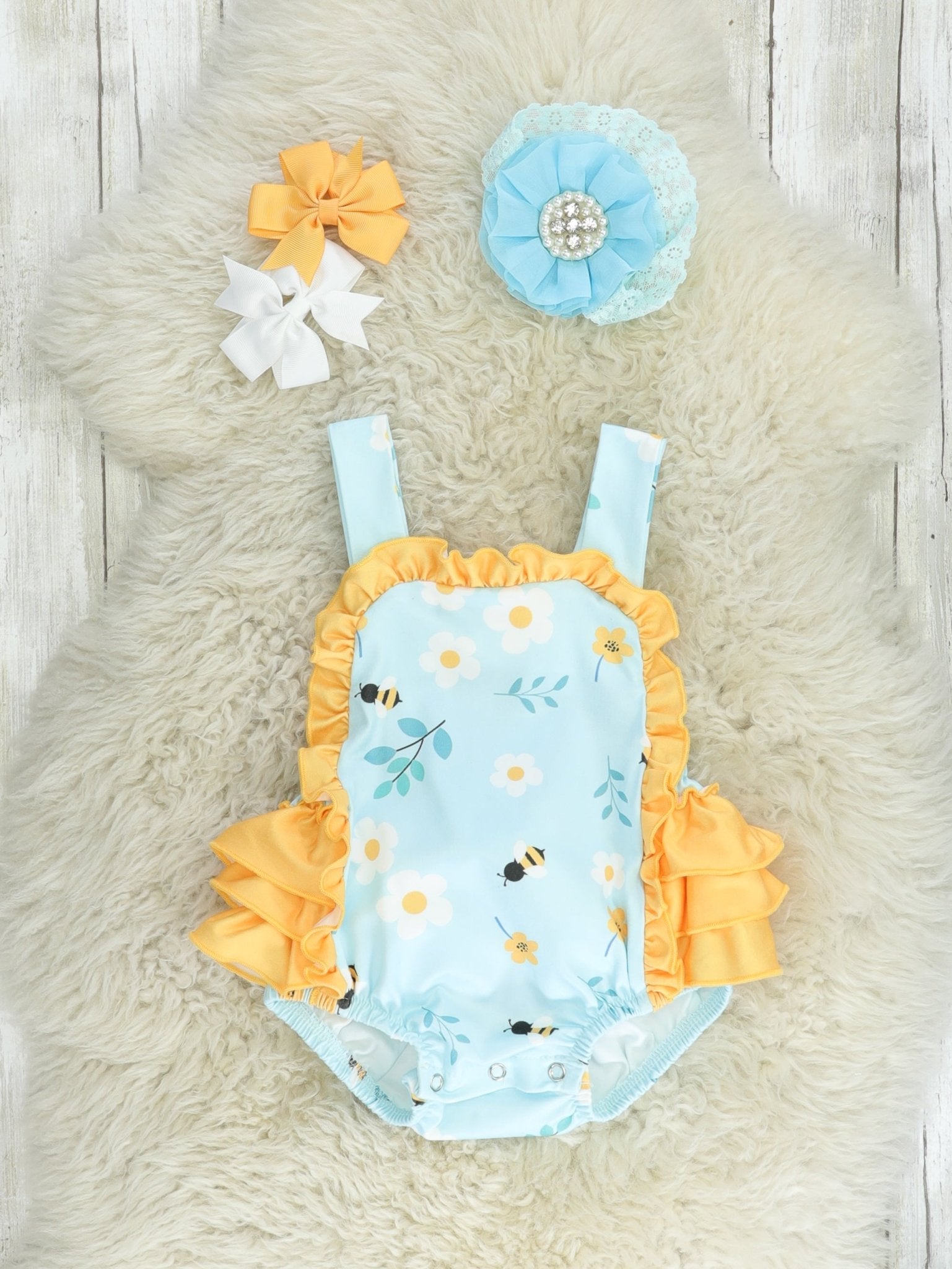 Beautiful Bees Ruffle Bubble Romper - Marie Nicole Clothing