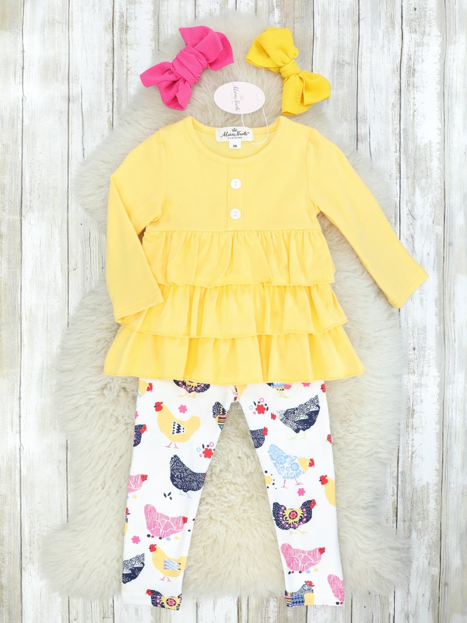 Yellow Ruffle Top & Shabby Chic Chicken Print Bottoms W/ Scarf - Marie Nicole Clothing