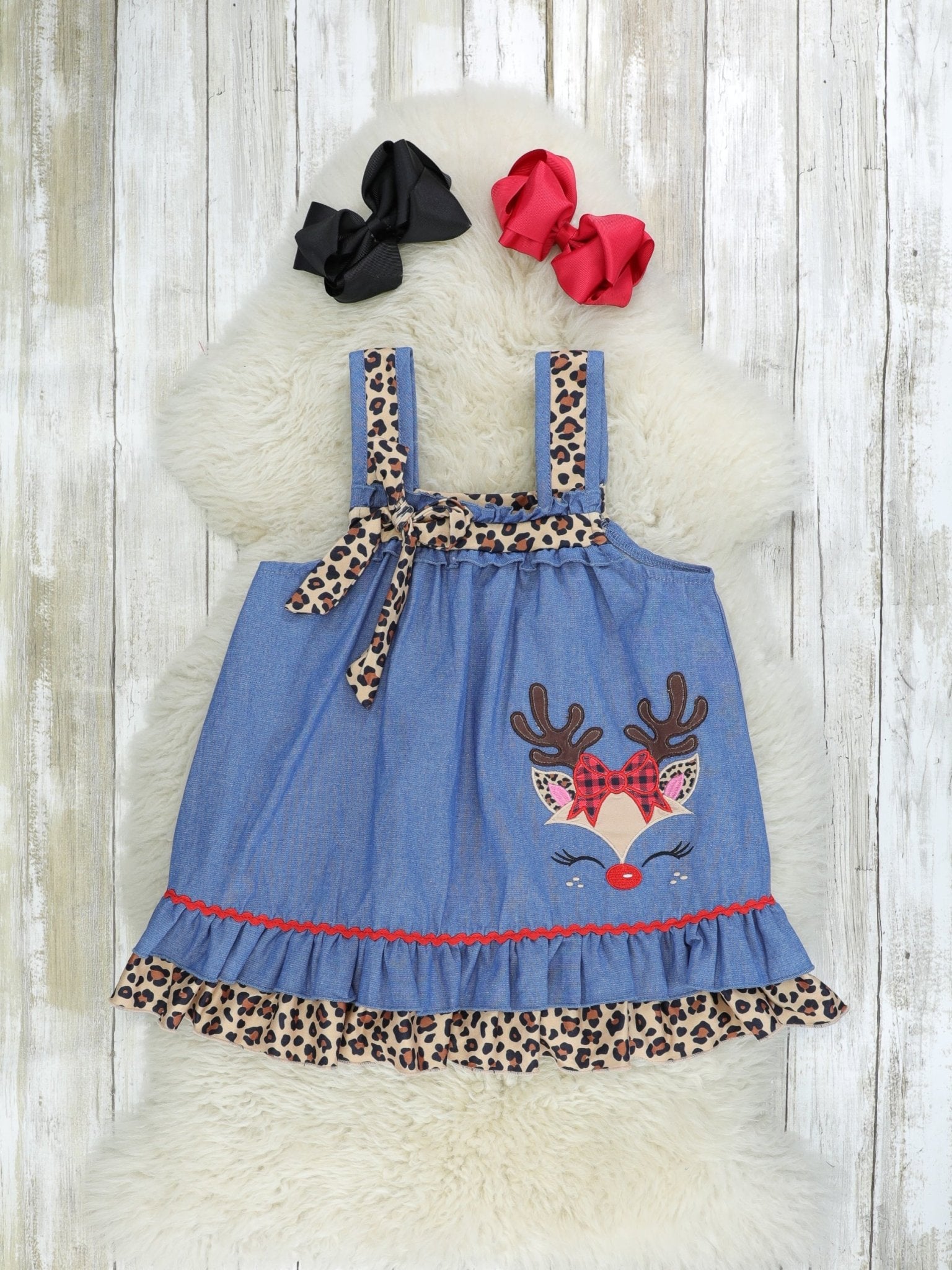 Buffalo Plaid & Leopard Reindeer Dress - Marie Nicole Clothing