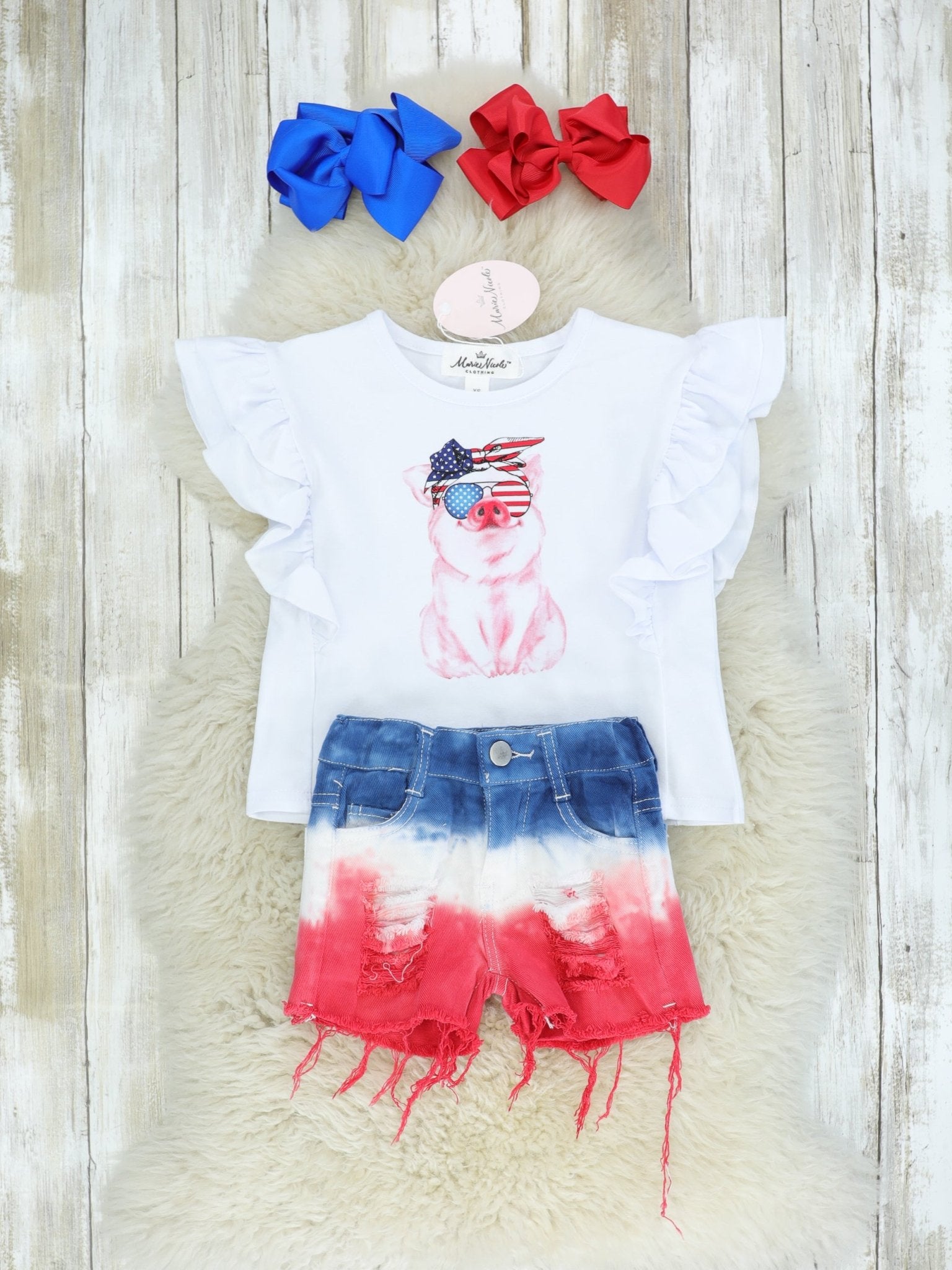 Red, White, & Blue Pig Top & Ombre Shorts Outfit - Marie Nicole Clothing