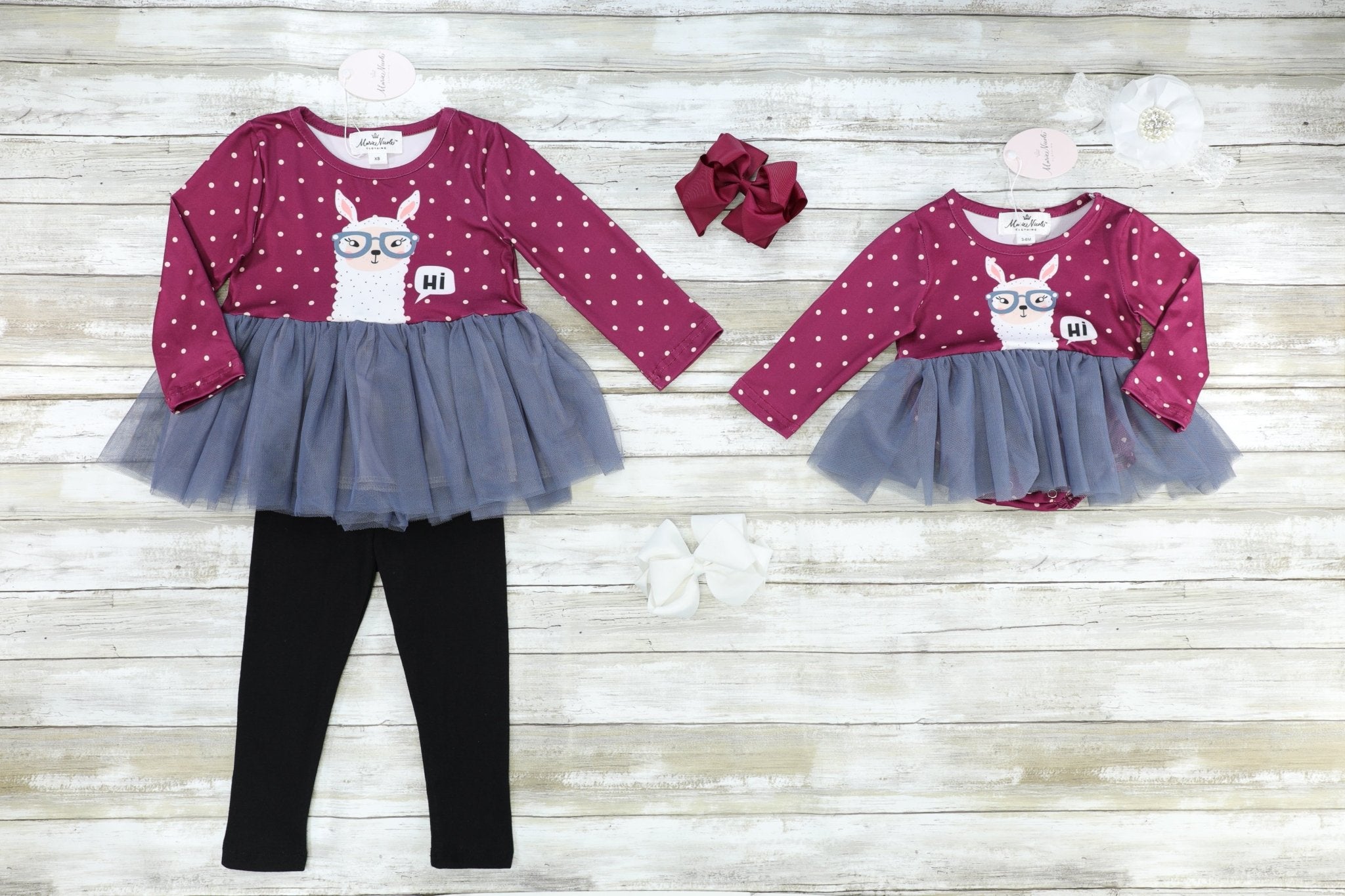Mulberry & Pink Polka Dot "Hi" Llama Tulle Top & Black Bottoms Outfit - Marie Nicole Clothing