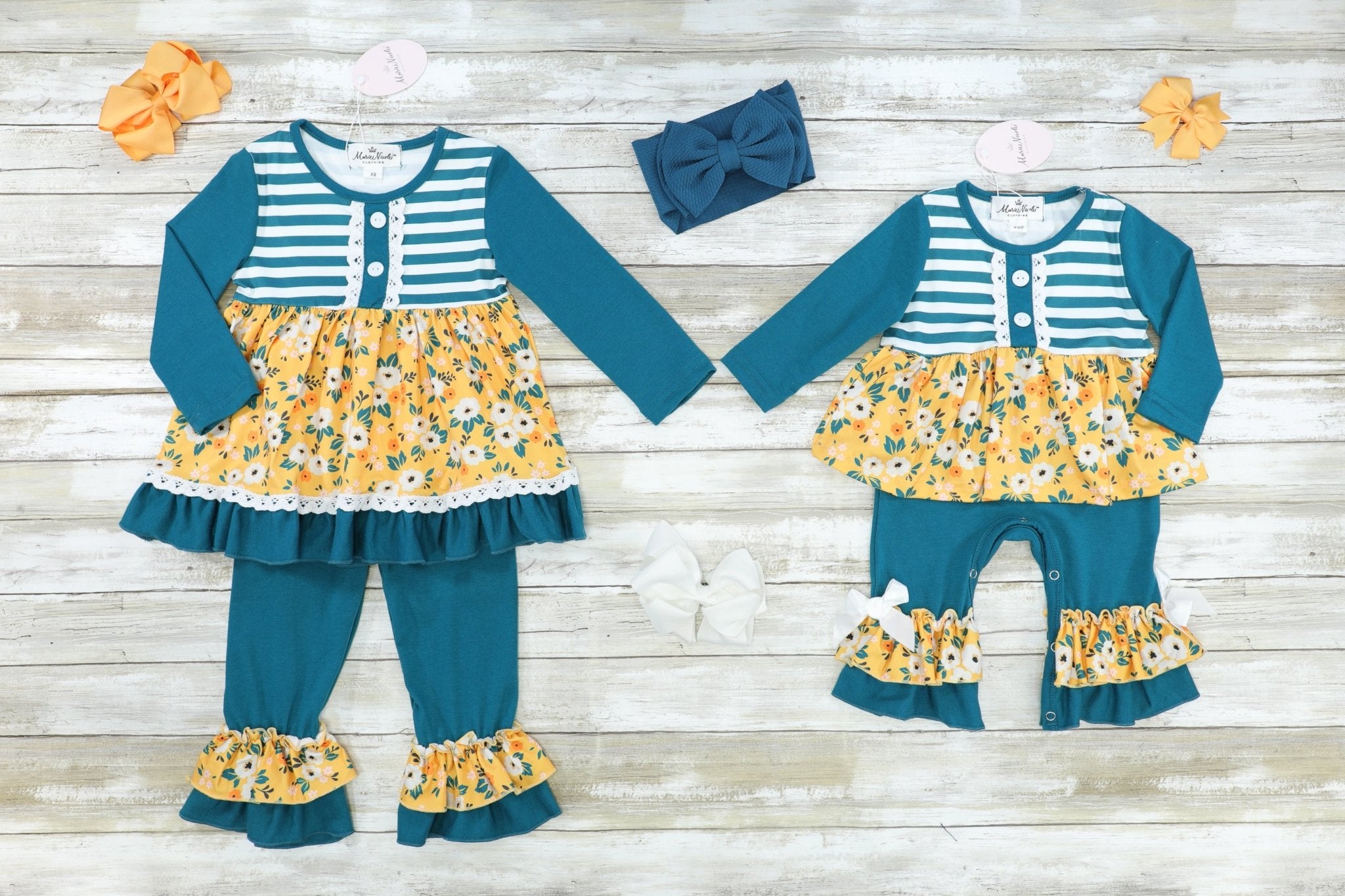 Peacock Blue Striped & Floral Ruffle Outfit - Marie Nicole Clothing