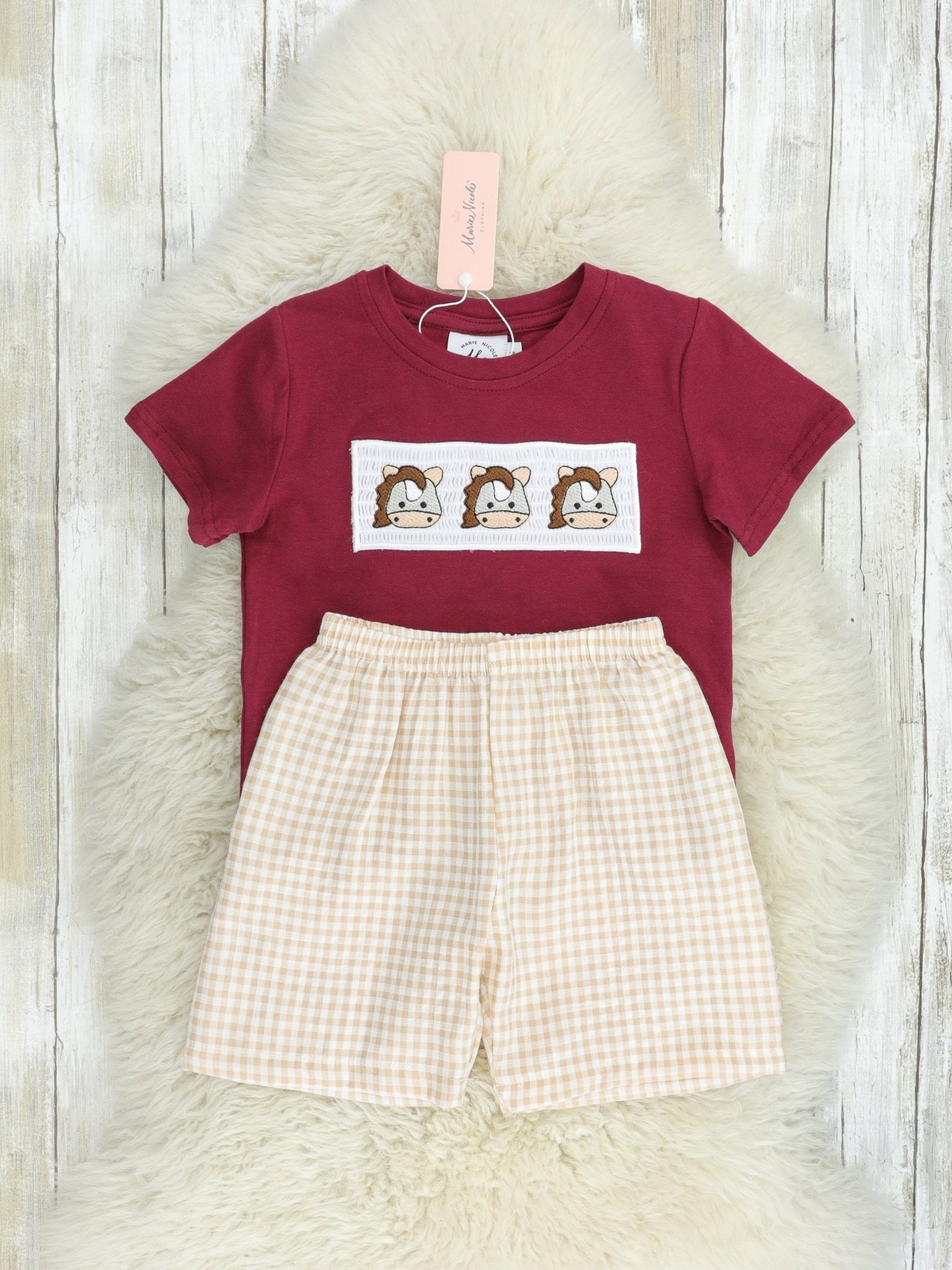 Maroon Smocked Horse Outfit - Marie Nicole Clothing