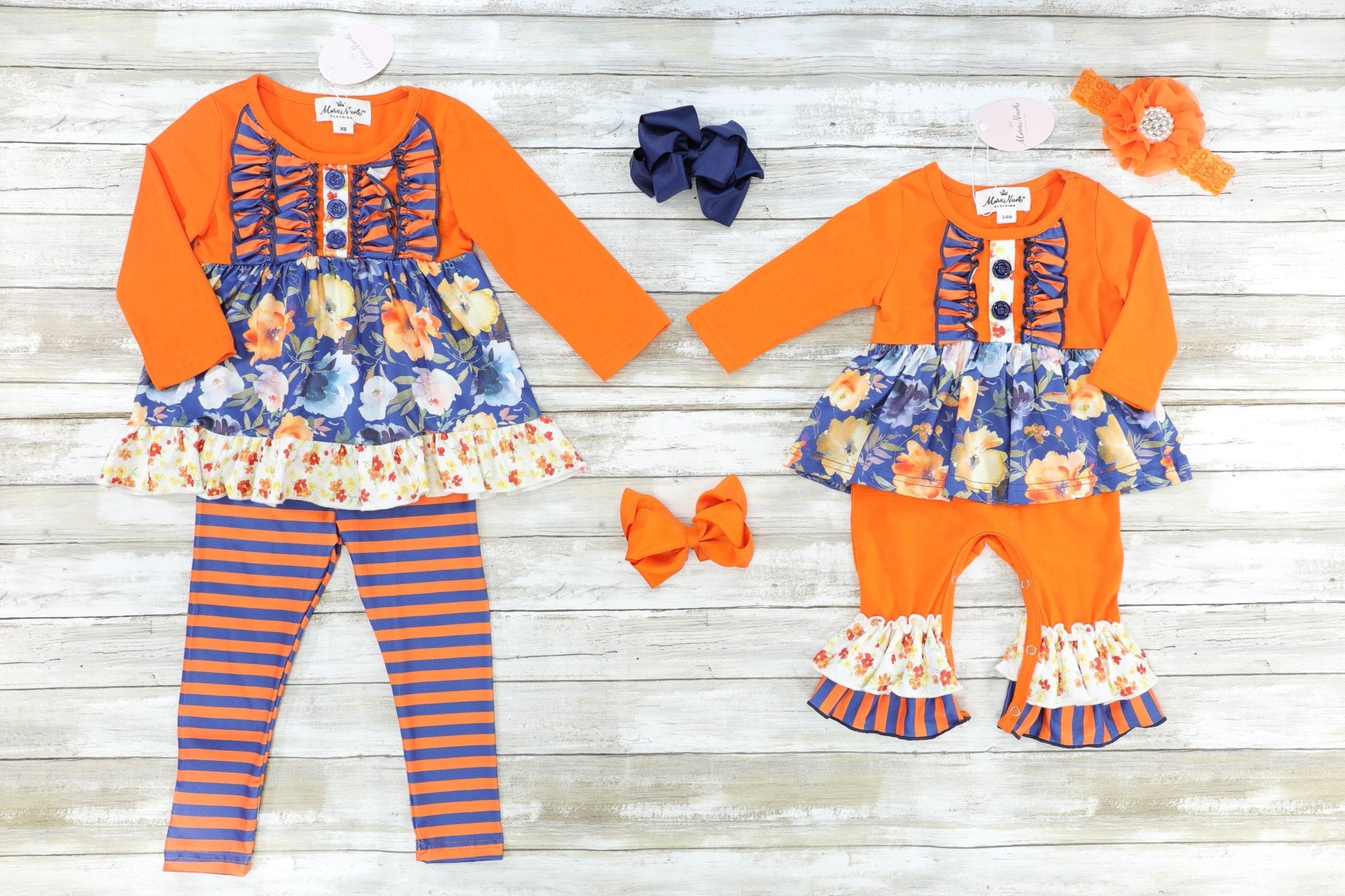 Navy Floral & Orange Striped Ruffle Romper - Marie Nicole Clothing