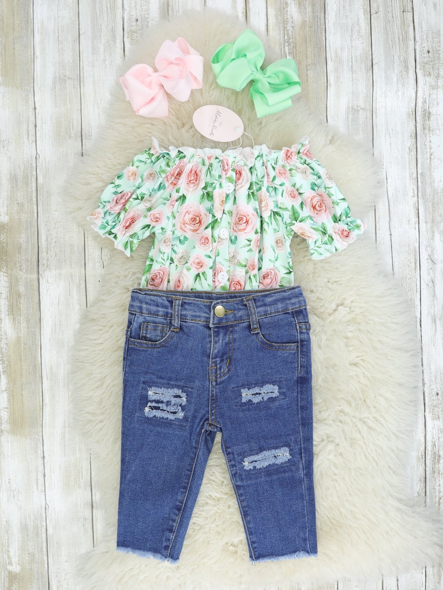 Off - the - shoulder Rose Top & Distressed Denim Outfit - Marie Nicole Clothing