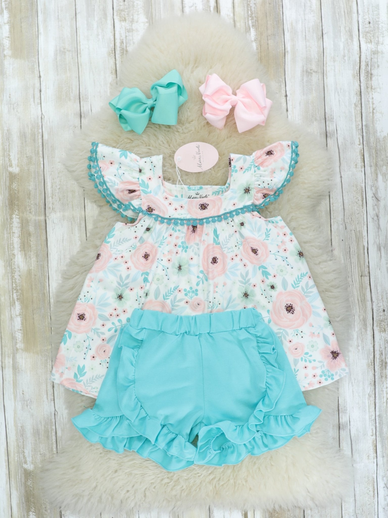 Pink Floral Top & Blue Ruffle Shorts Outfit - Marie Nicole Clothing
