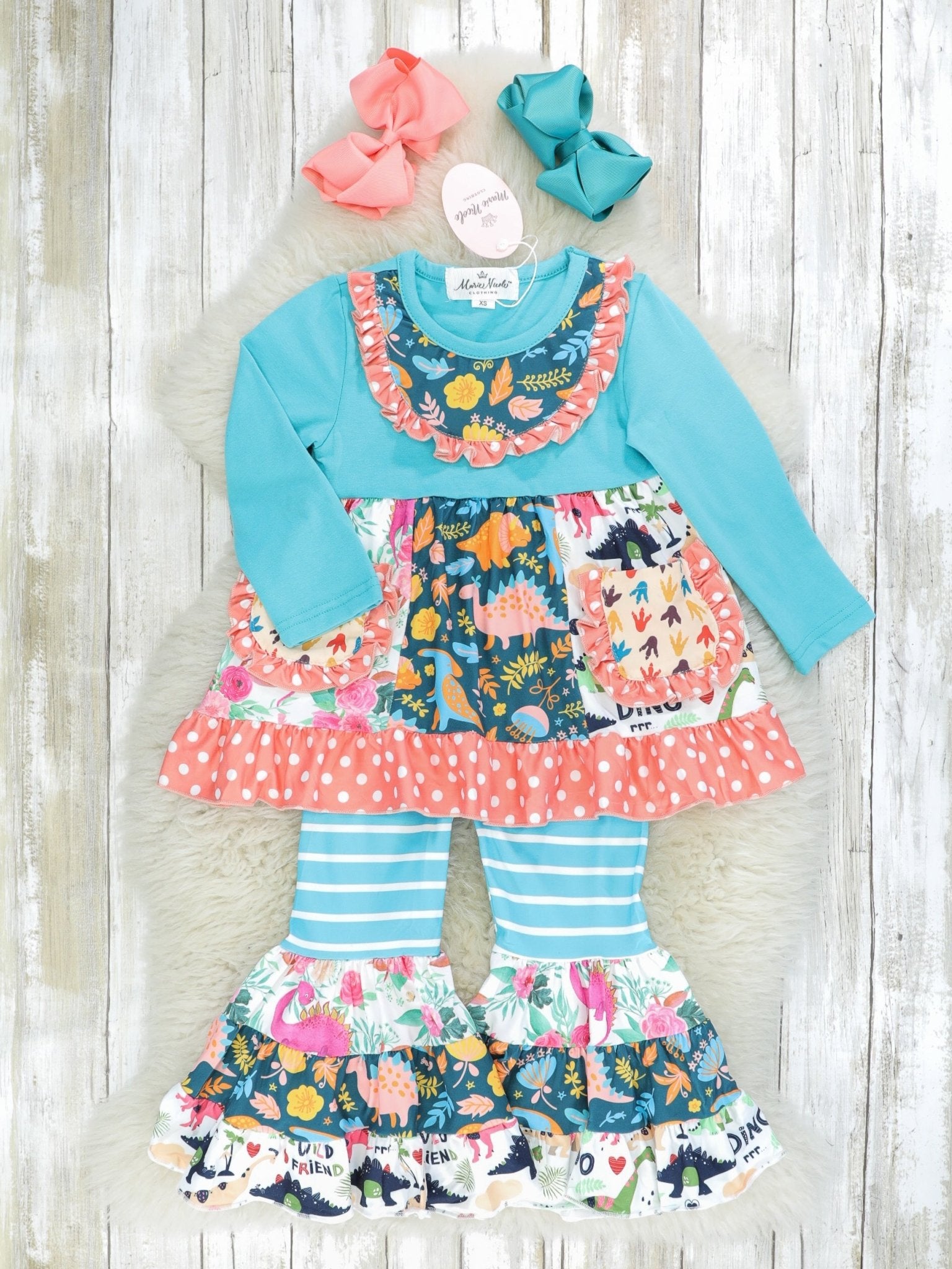 Pocket Flara Bells Outfit - Blue Dinosaurs - Marie Nicole Clothing