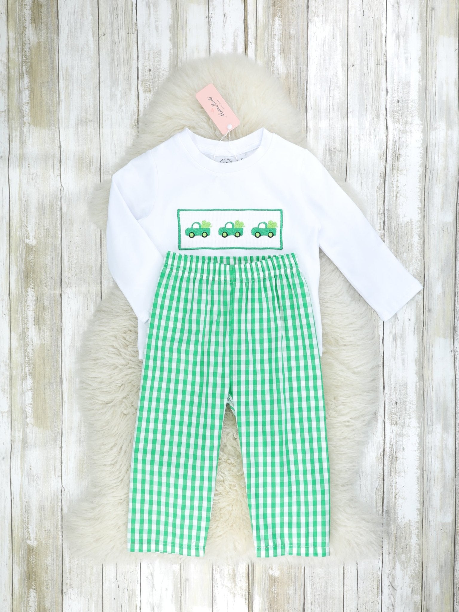 Green Gingham Smocked Clover Truck Outfit - Marie Nicole Clothing