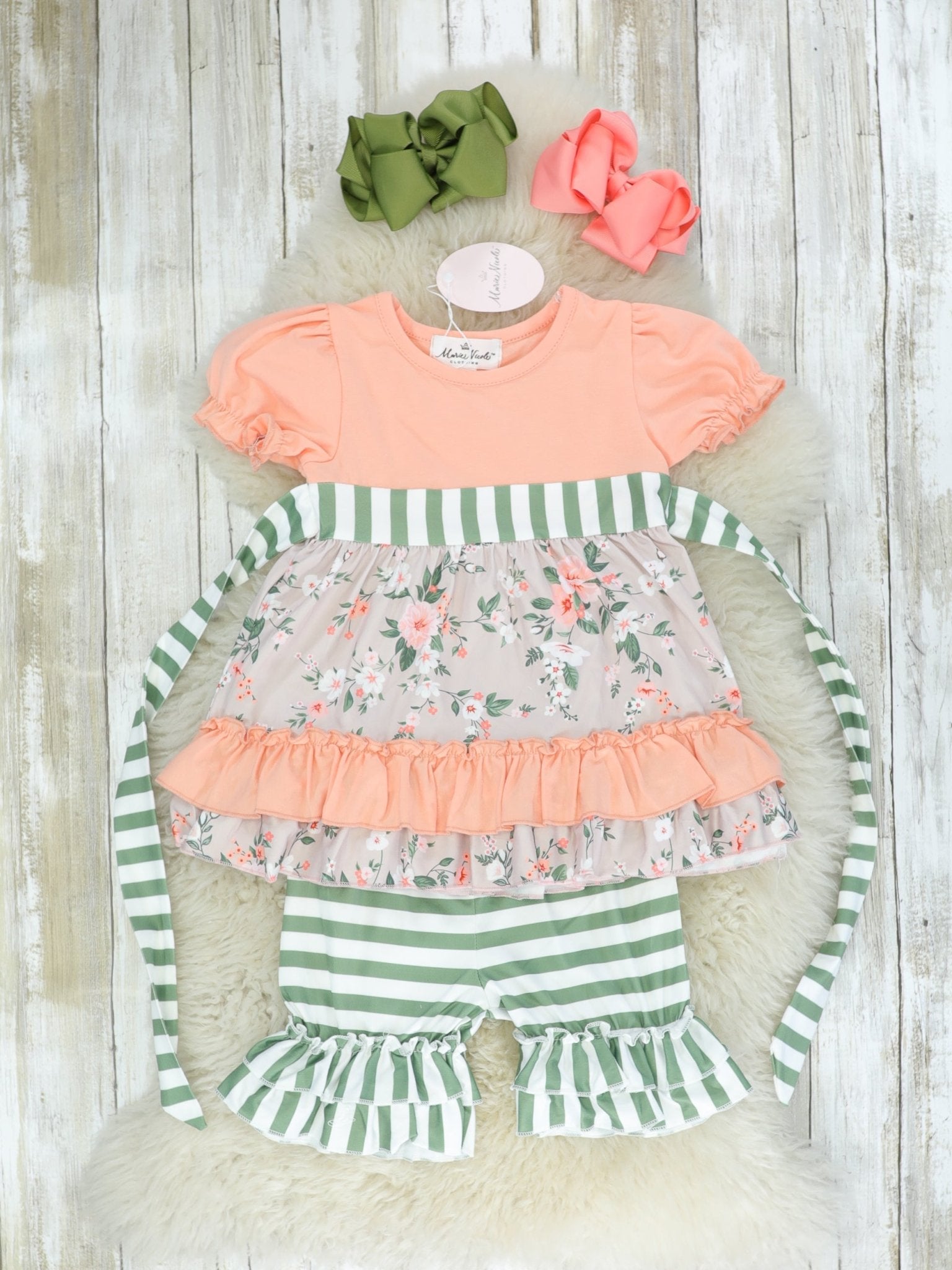 Coral Floral & Green Striped Ruffle Outfit - Marie Nicole Clothing