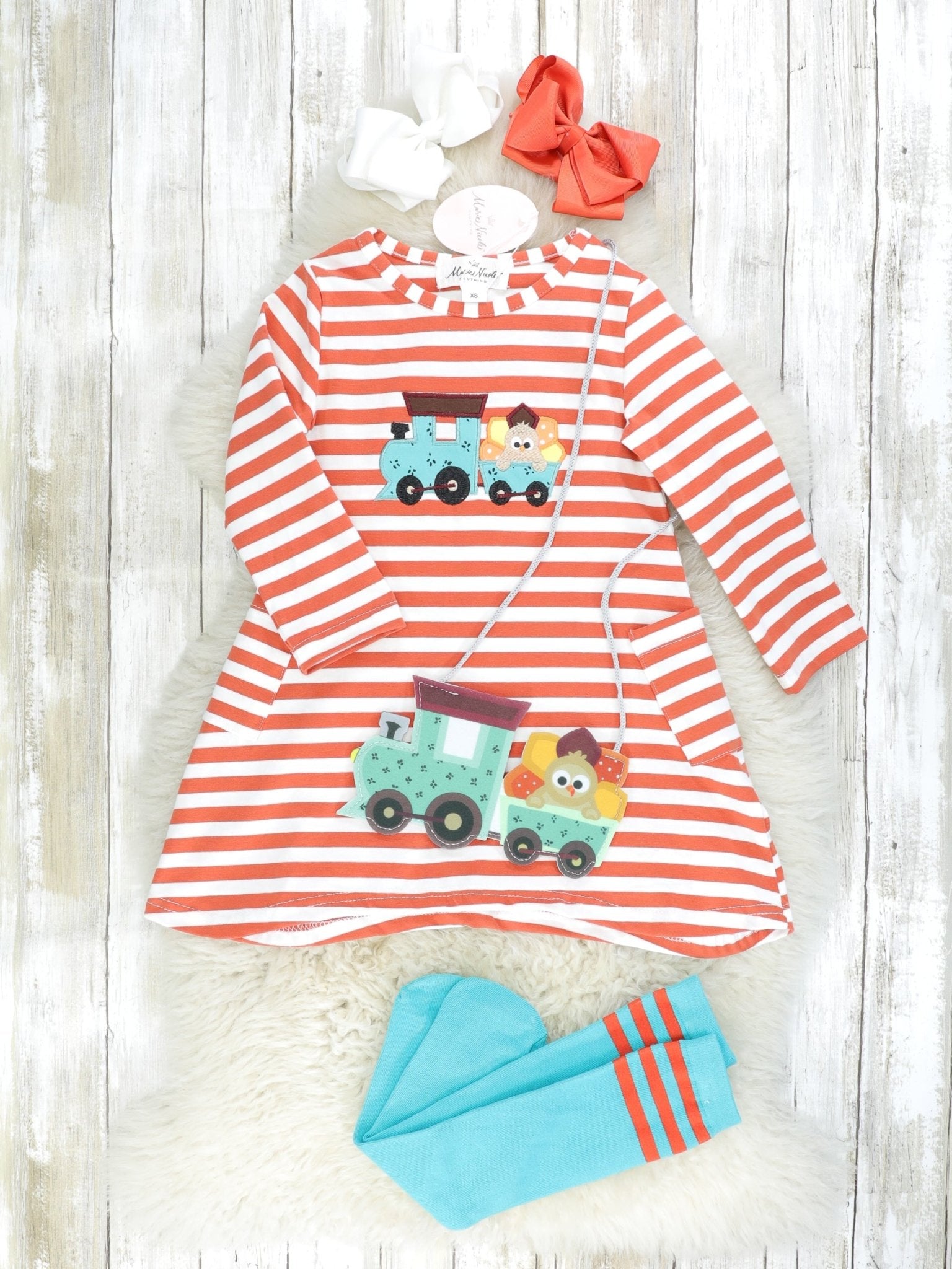 Striped Teal Turkey Train Dress - Marie Nicole Clothing